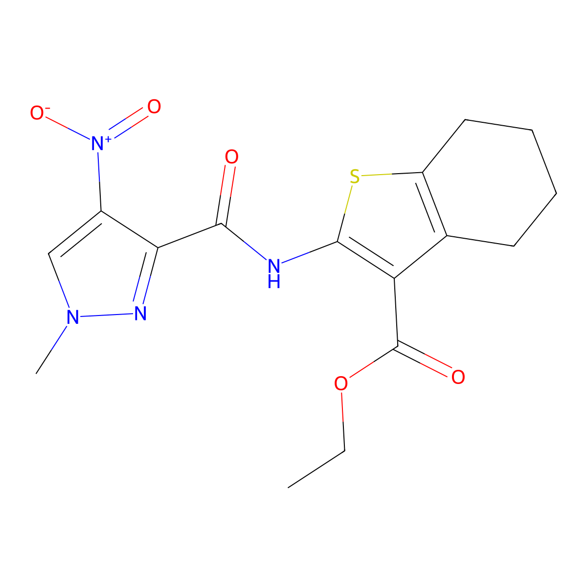 Ethyl 2-[(1-methyl-4-nitropyrazole-3-carbonyl)amino]-4,5,6,7-tetrahydro-1-benzothiophene-3-carboxylate molecular structure, CAS 351333-01-2