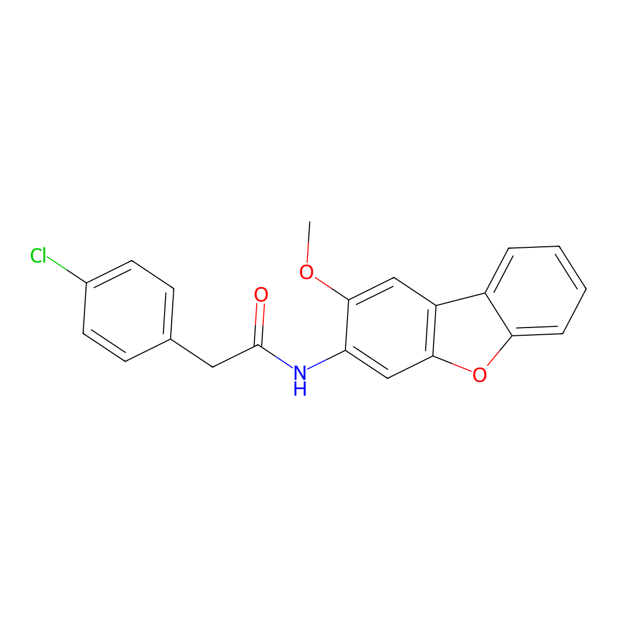 2-(4-chlorophenyl)-N-(2-methoxydibenzofuran-3-yl)acetamide molecular structure, CAS 351337-05-8