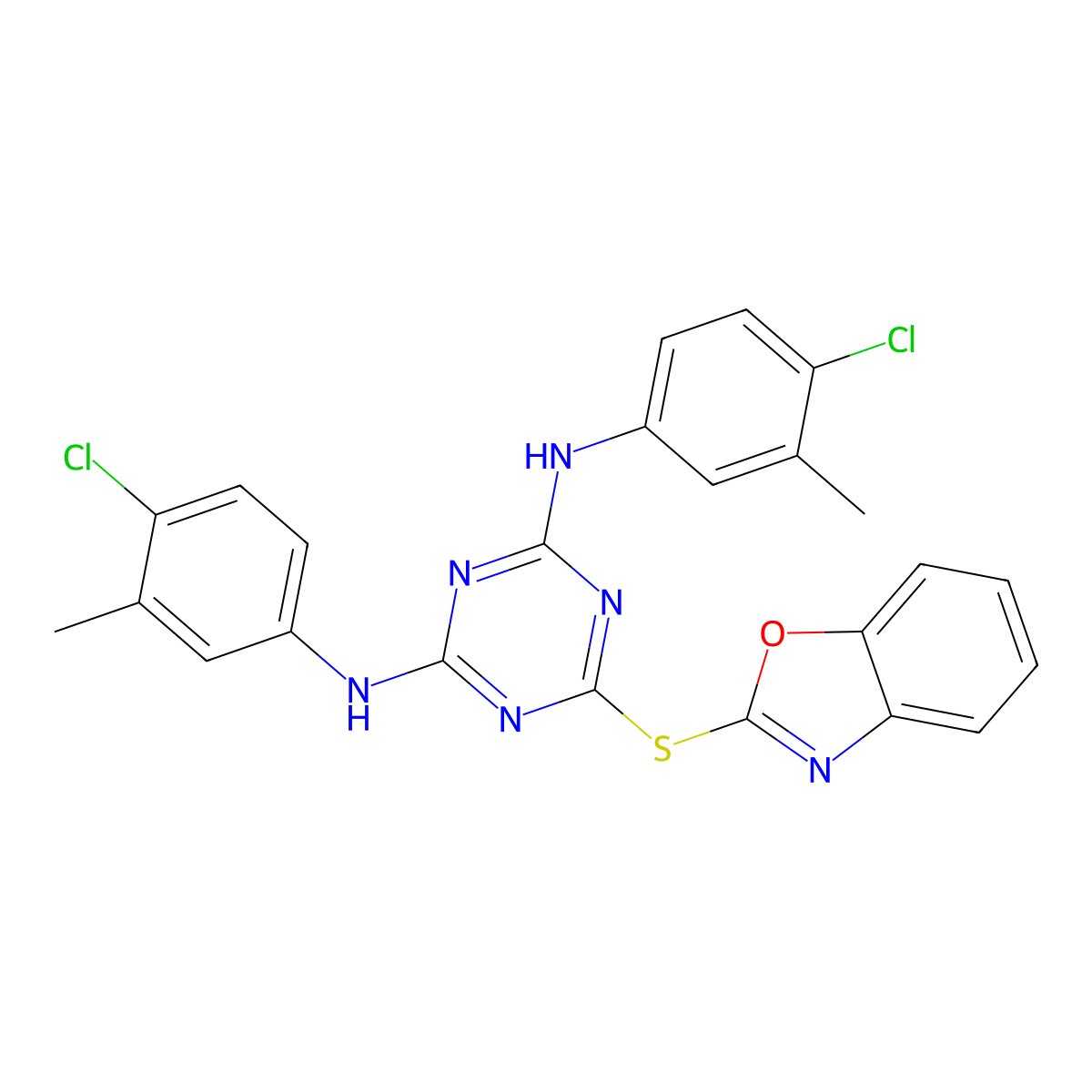 6-(1,3-benzoxazol-2-ylsulfanyl)-N,N'-bis(4-chloro-3-methylphenyl)-1,3,5-triazine-2,4-diamine molecular structure, CAS 351337-43-4