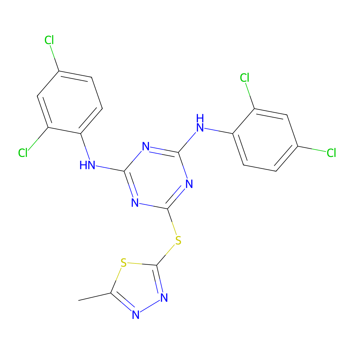 N,N'-bis(2,4-dichlorophenyl)-6-((5-methyl-1,3,4-thiadiazol-2-yl)sulfanyl)-1,3,5-triazine-2,4-diamine molecular structure, CAS 351337-46-7