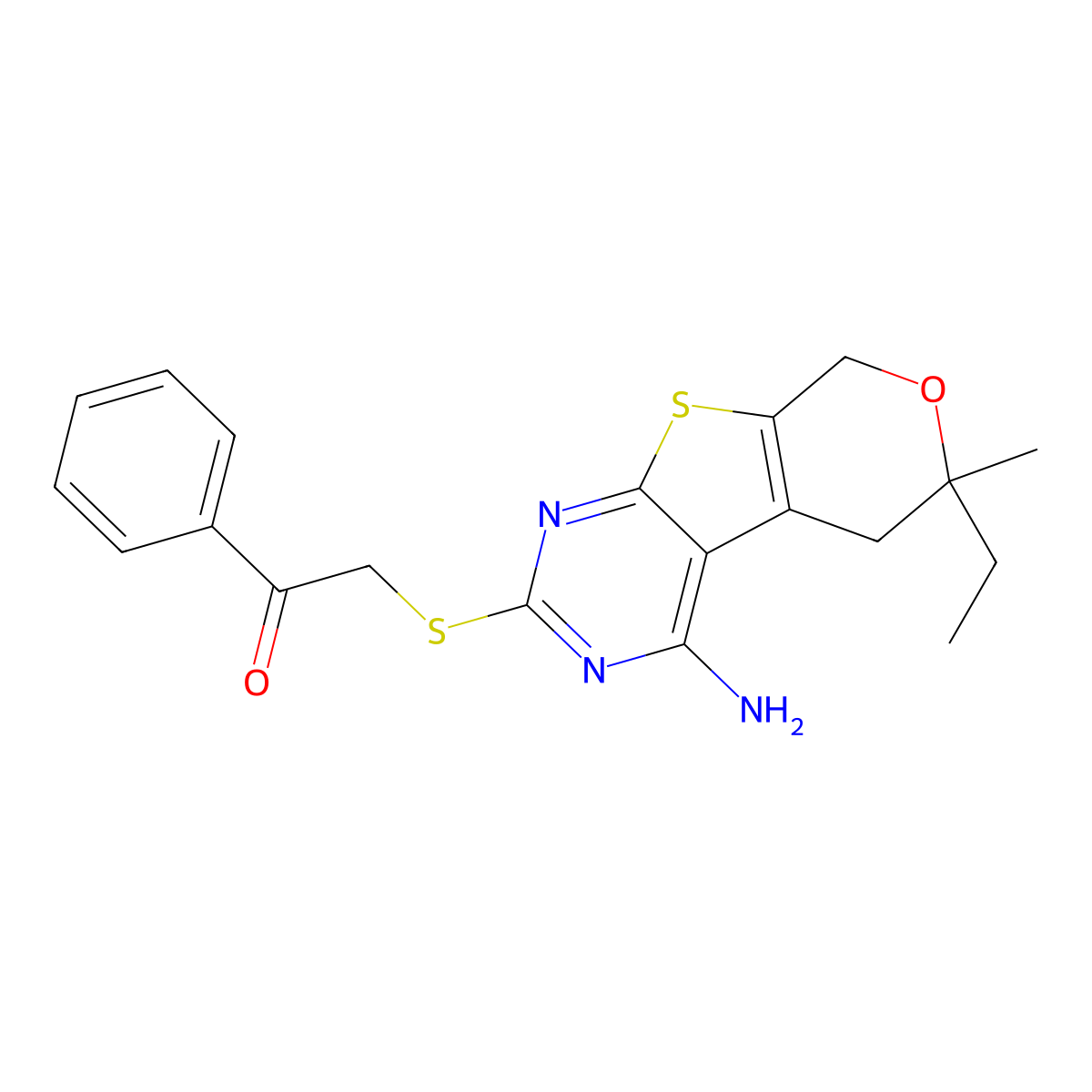 2-[(4-amino-6-ethyl-6-methyl-5,8-dihydro-6H-pyrano[4',3':4,5]thieno[2,3-d]pyrimidin-2-yl)sulfanyl]-1-phenylethanone molecular structure, CAS 351338-38-0