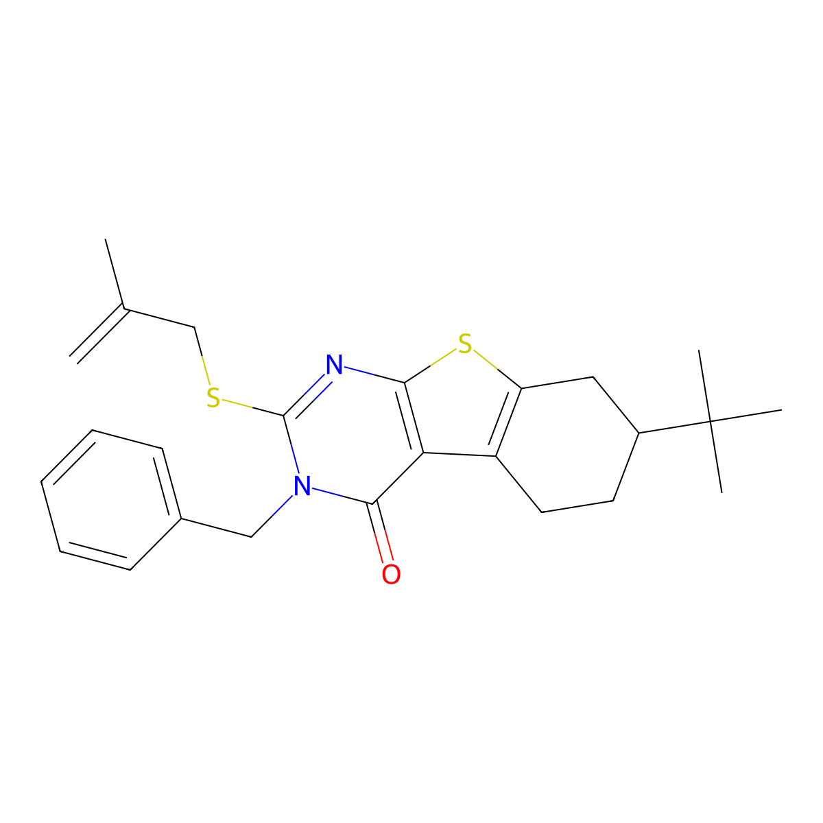 3-Benzyl-7-tert-butyl-2-(2-methylprop-2-enylsulfanyl)-5,6,7,8-tetrahydro-[1]benzothiolo[2,3-d]pyrimidin-4-one molecular structure, CAS 351338-43-7