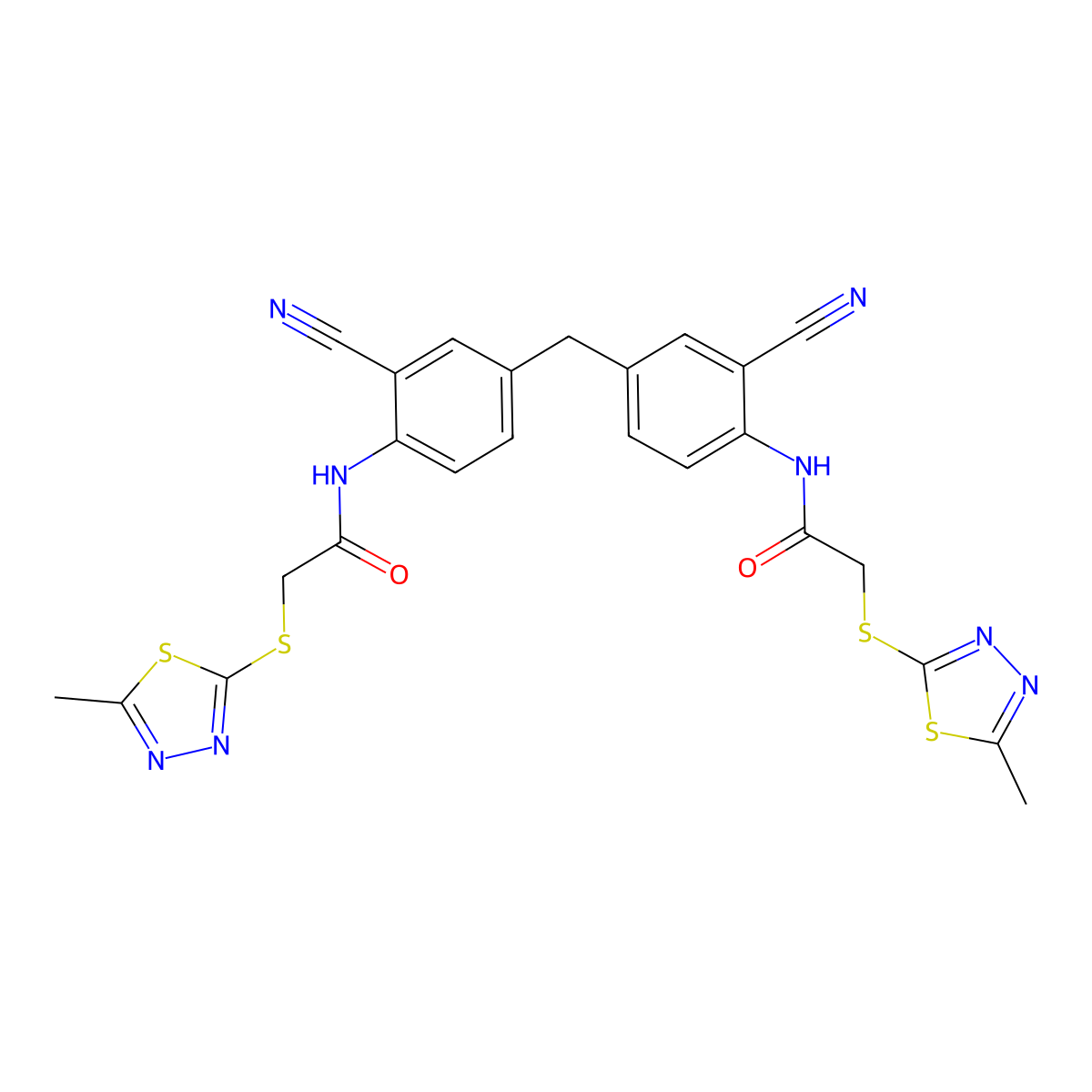 N-[2-cyano-4-[[3-cyano-4-[[2-[(5-methyl-1,3,4-thiadiazol-2-yl)sulfanyl]acetyl]amino]phenyl]methyl]phenyl]-2-[(5-methyl-1,3,4-thiadiazol-2-yl)sulfanyl]acetamide molecular structure, CAS 351338-73-3