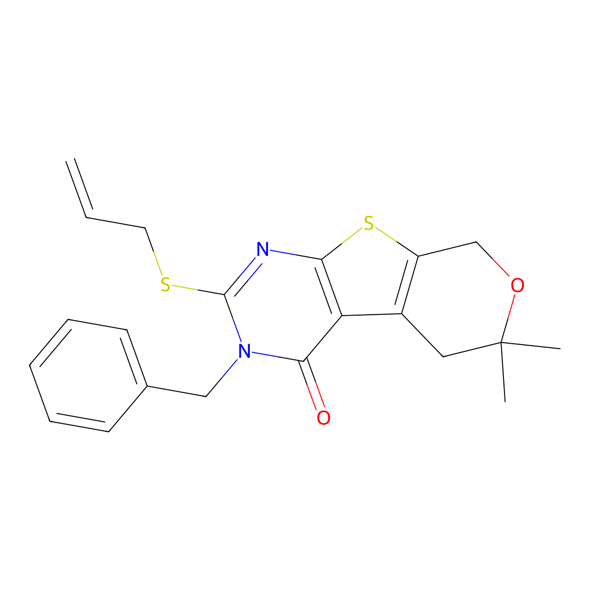 2-(allylsulfanyl)-3-benzyl-6,6-dimethyl-3,5,6,8-tetrahydro-4H-pyrano[4',3':4,5]thieno[2,3-d]pyrimidin-4-one molecular structure, CAS 351341-30-5
