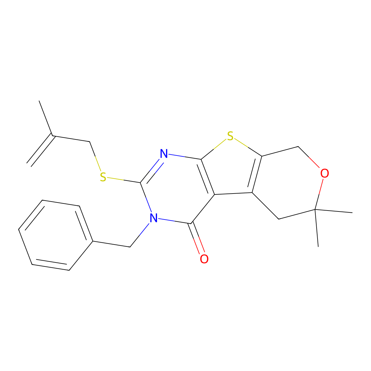 3-Benzyl-6,6-dimethyl-2-(2-methylprop-2-enylsulfanyl)-5,8-dihydropyrano[2,3]thieno[2,4-b]pyrimidin-4-one molecular structure, CAS 351341-33-8