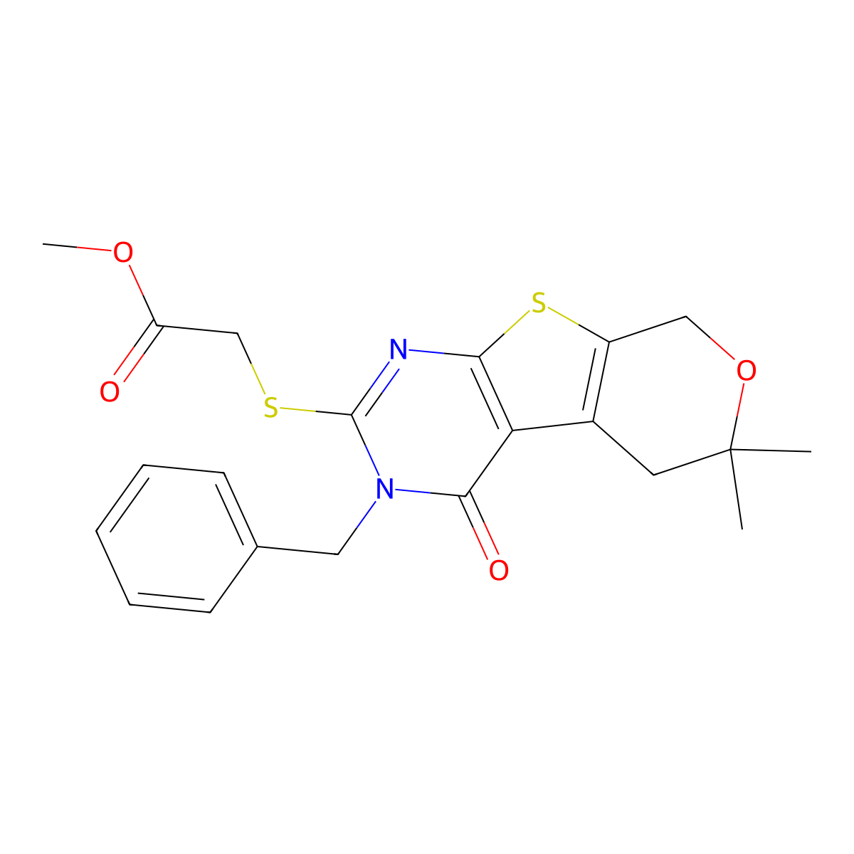 methyl [(3-benzyl-6,6-dimethyl-4-oxo-3,5,6,8-tetrahydro-4H-pyrano[4',3':4,5]thieno[2,3-d]pyrimidin-2-yl)sulfanyl]acetate molecular structure, CAS 351341-34-9