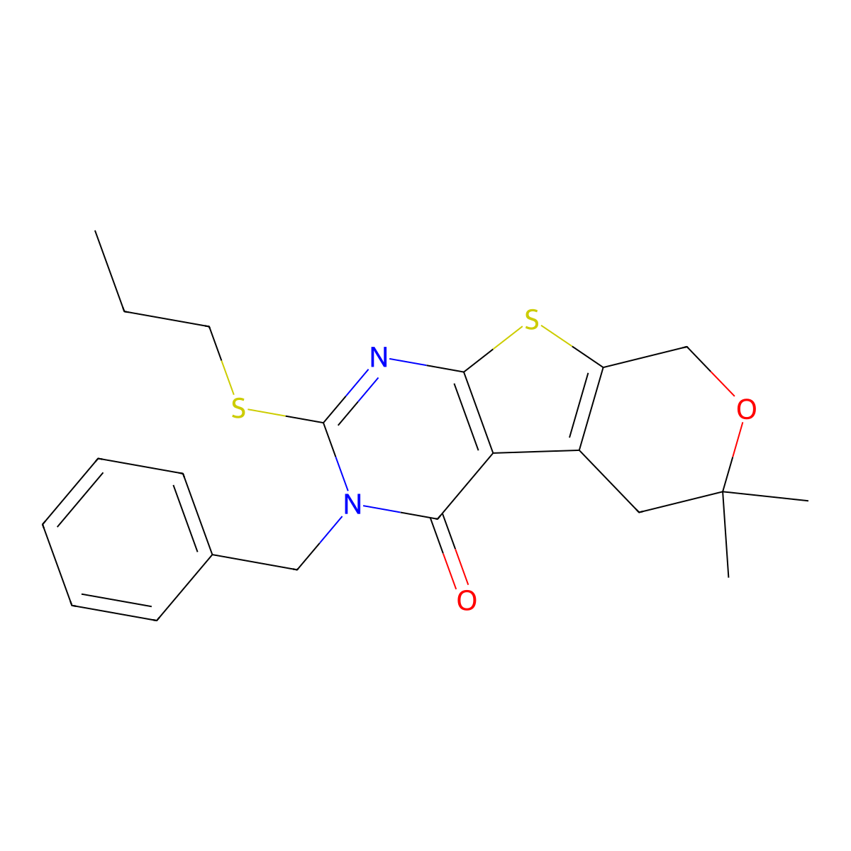 3-benzyl-6,6-dimethyl-2-(propylsulfanyl)-3,5,6,8-tetrahydro-4H-pyrano[4',3':4,5]thieno[2,3-d]pyrimidin-4-one molecular structure, CAS 351341-36-1