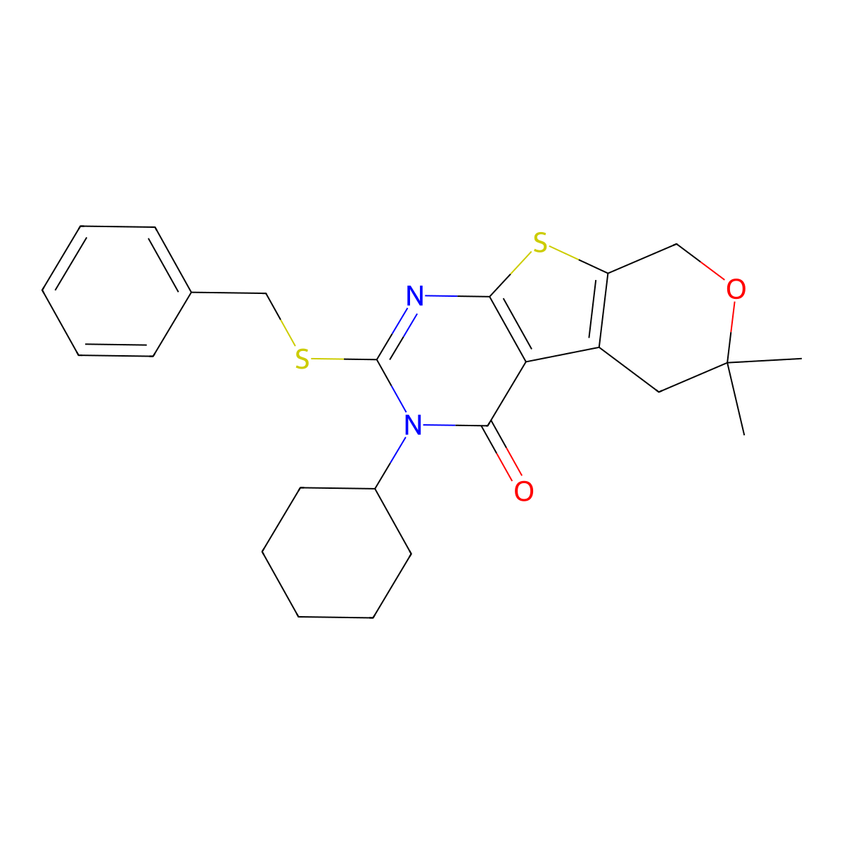 2-Benzylsulfanyl-3-cyclohexyl-6,6-dimethyl-5,8-dihydropyrano[2,3]thieno[2,4-b]pyrimidin-4-one molecular structure, CAS 351341-46-3