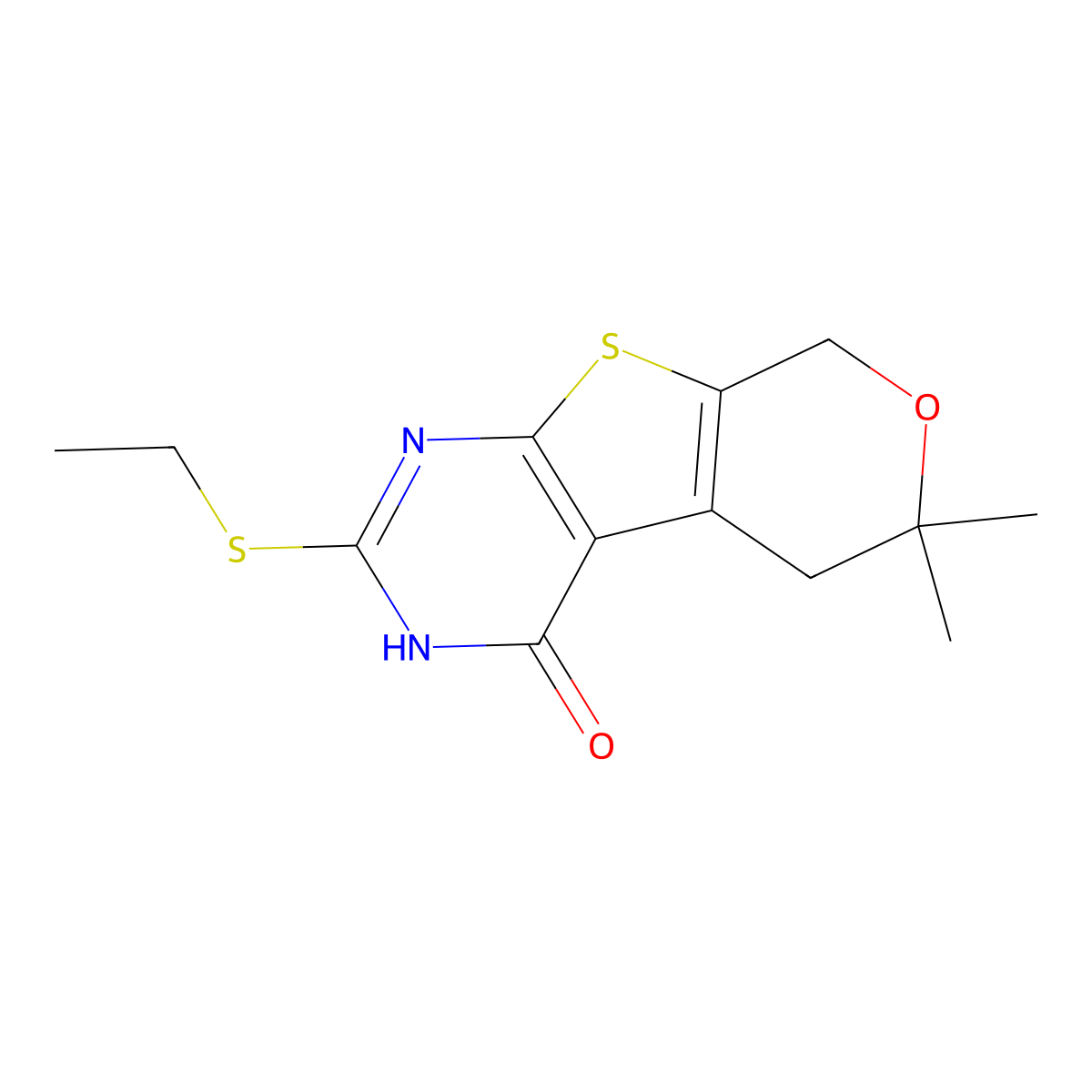 2-(ethylsulfanyl)-6,6-dimethyl-3,5,6,8-tetrahydro-4H-pyrano[4',3':4,5]thieno[2,3-d]pyrimidin-4-one molecular structure, CAS 351341-49-6