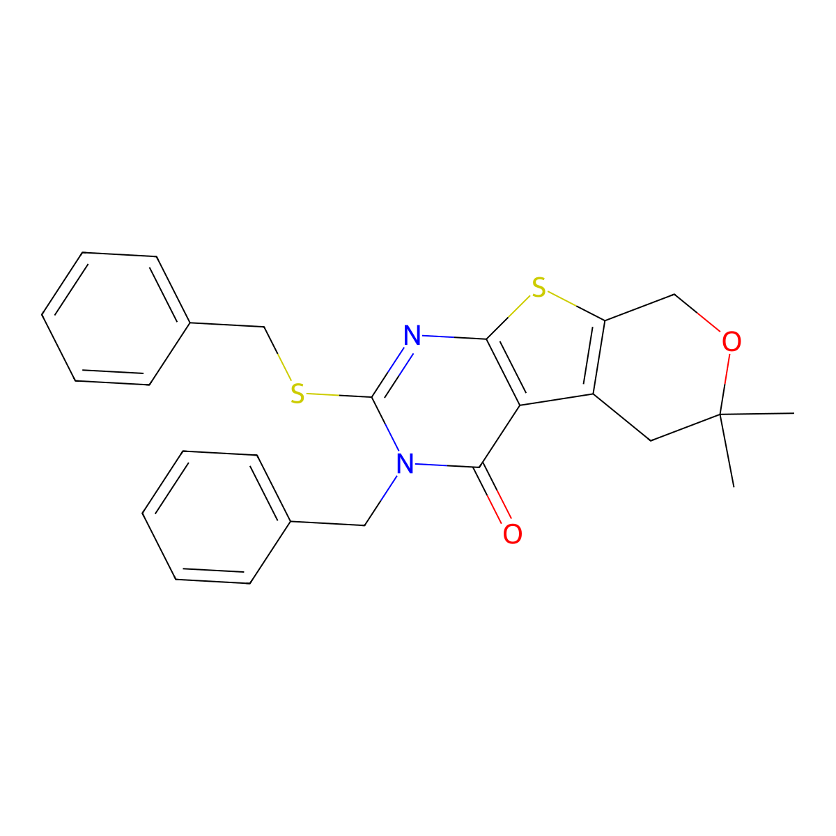 3-benzyl-2-(benzylsulfanyl)-6,6-dimethyl-3,5,6,8-tetrahydro-4H-pyrano[4',3':4,5]thieno[2,3-d]pyrimidin-4-one molecular structure, CAS 351341-51-0