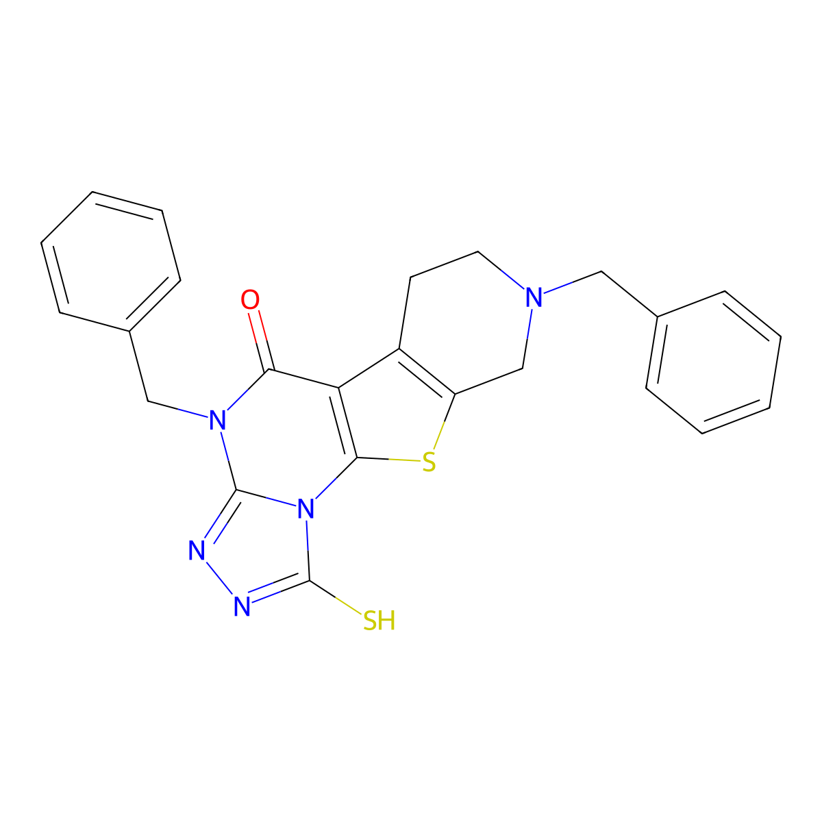 4,8-dibenzyl-1-thioxo-2,4,6,7,8,9-hexahydropyrido[4',3':4,5]thieno[3,2-e][1,2,4]triazolo[4,3-a]pyrimidin-5(1H)-one molecular structure, CAS 351341-89-4