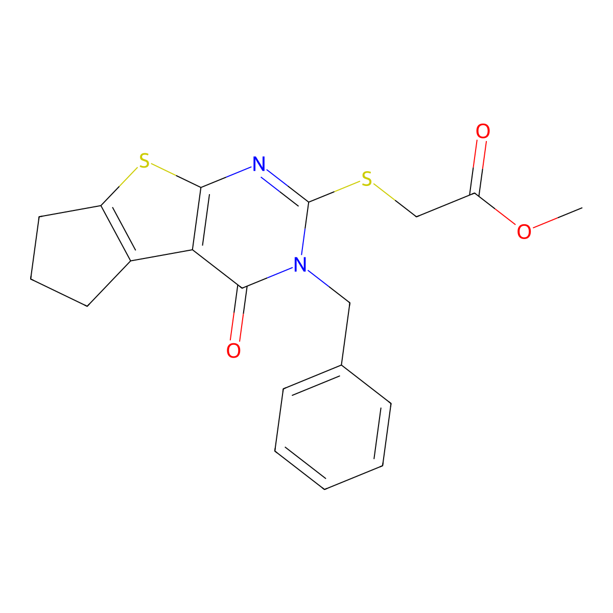 methyl 2-((3-benzyl-4-oxo-4,5,6,7-tetrahydro-3H-cyclopenta[4,5]thieno[2,3-d]pyrimidin-2-yl)thio)acetate molecular structure, CAS 351342-10-4