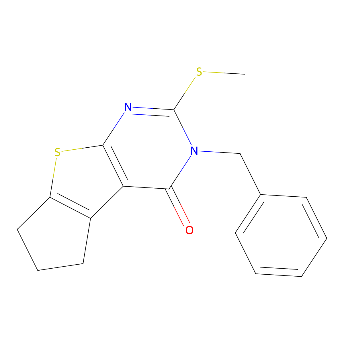 3-benzyl-2-(methylsulfanyl)-3,5,6,7-tetrahydro-4H-cyclopenta[4,5]thieno[2,3-d]pyrimidin-4-one molecular structure, CAS 351342-14-8