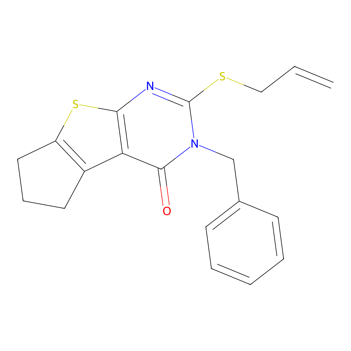 3-benzyl-2-(prop-2-en-1-ylsulfanyl)-3,5,6,7-tetrahydro-4H-cyclopenta[4,5]thieno[2,3-d]pyrimidin-4-one molecular structure, CAS 351342-16-0