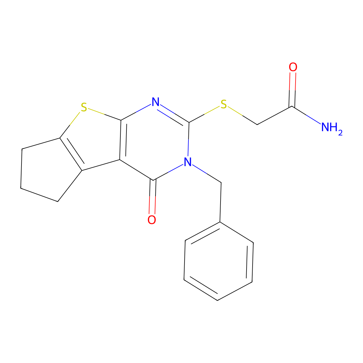 2-[(3-benzyl-4-oxo-3,5,6,7-tetrahydro-4H-cyclopenta[4,5]thieno[2,3-d]pyrimidin-2-yl)sulfanyl]acetamide molecular structure, CAS 351342-19-3