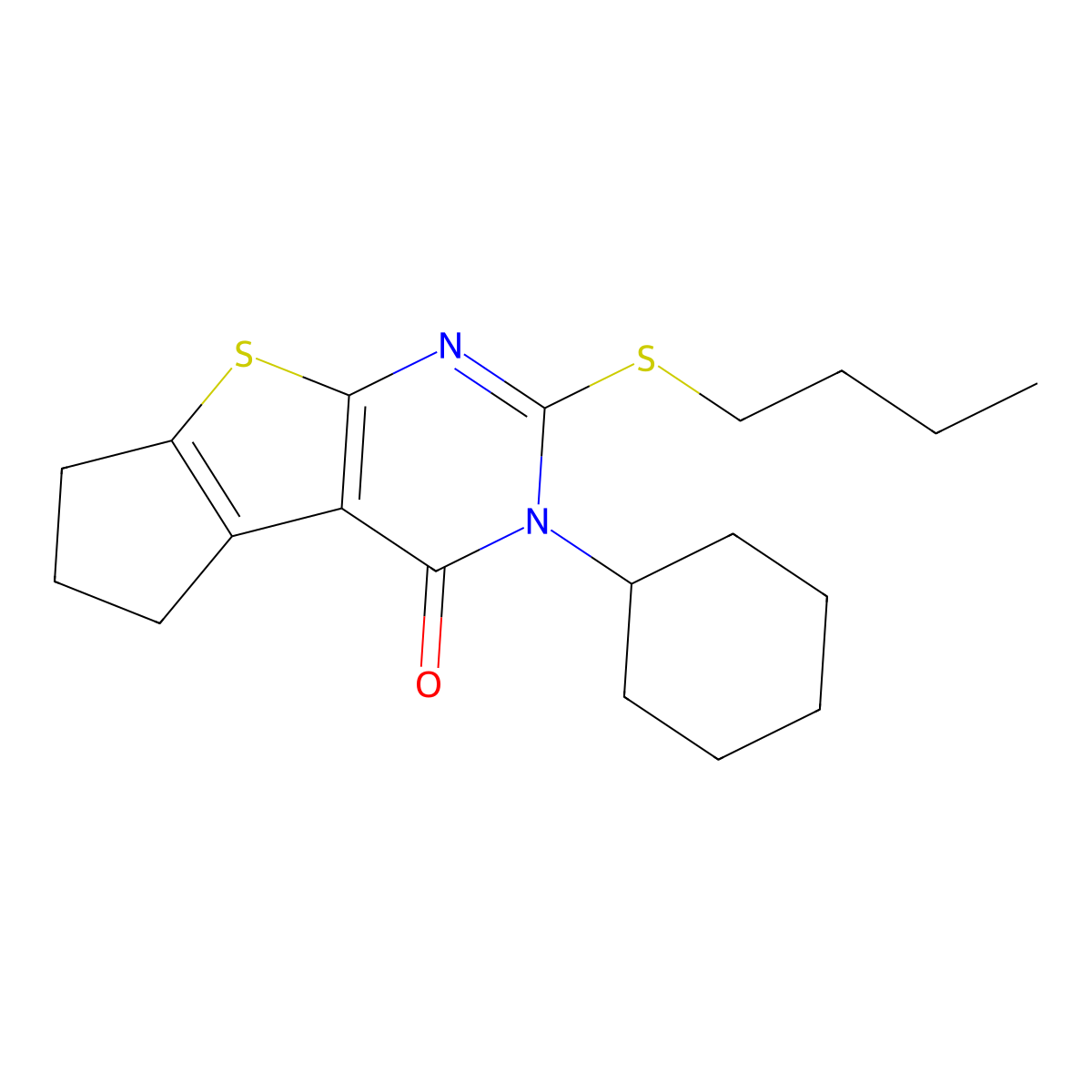 2-(butylsulfanyl)-3-cyclohexyl-3,5,6,7-tetrahydro-4H-cyclopenta[4,5]thieno[2,3-d]pyrimidin-4-one molecular structure, CAS 351342-21-7