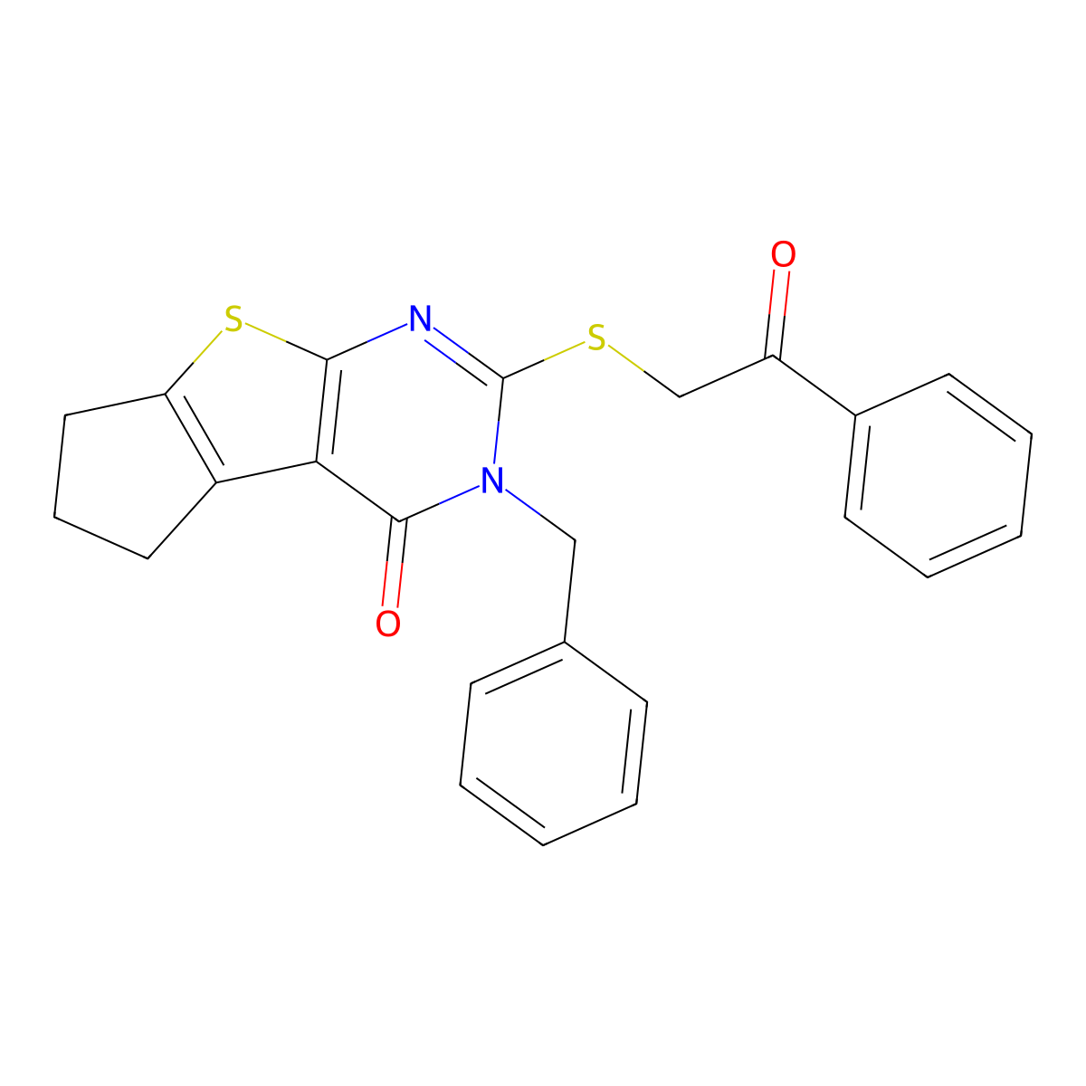 3-benzyl-2-[(2-oxo-2-phenylethyl)sulfanyl]-3,5,6,7-tetrahydro-4H-cyclopenta[4,5]thieno[2,3-d]pyrimidin-4-one molecular structure, CAS 351342-22-8