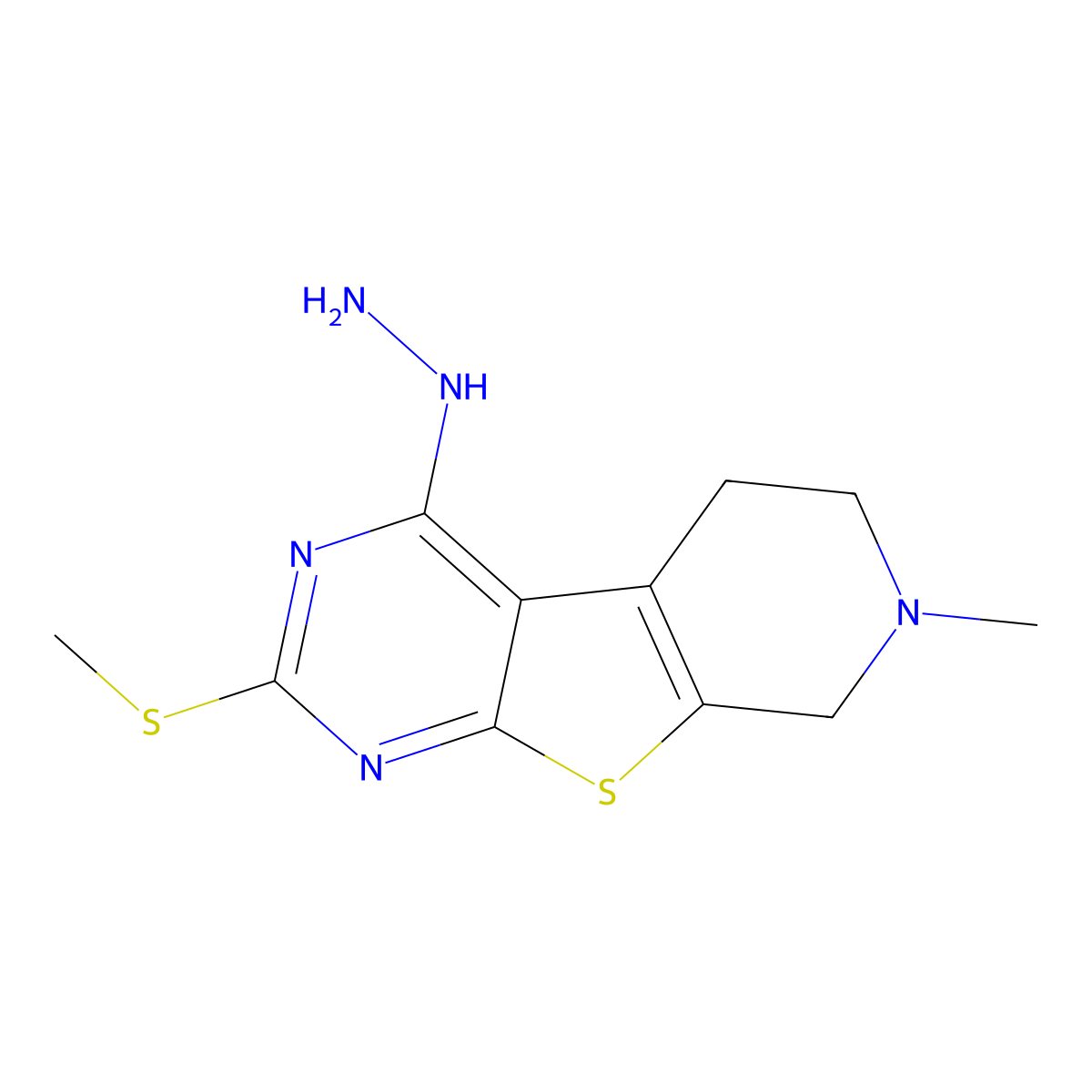 (7-methyl-2-methylsulfanyl-6,8-dihydro-5H-pyrido[4,5]thieno[1,2-c]pyrimidin-4-yl)hydrazine molecular structure, CAS 351342-41-1