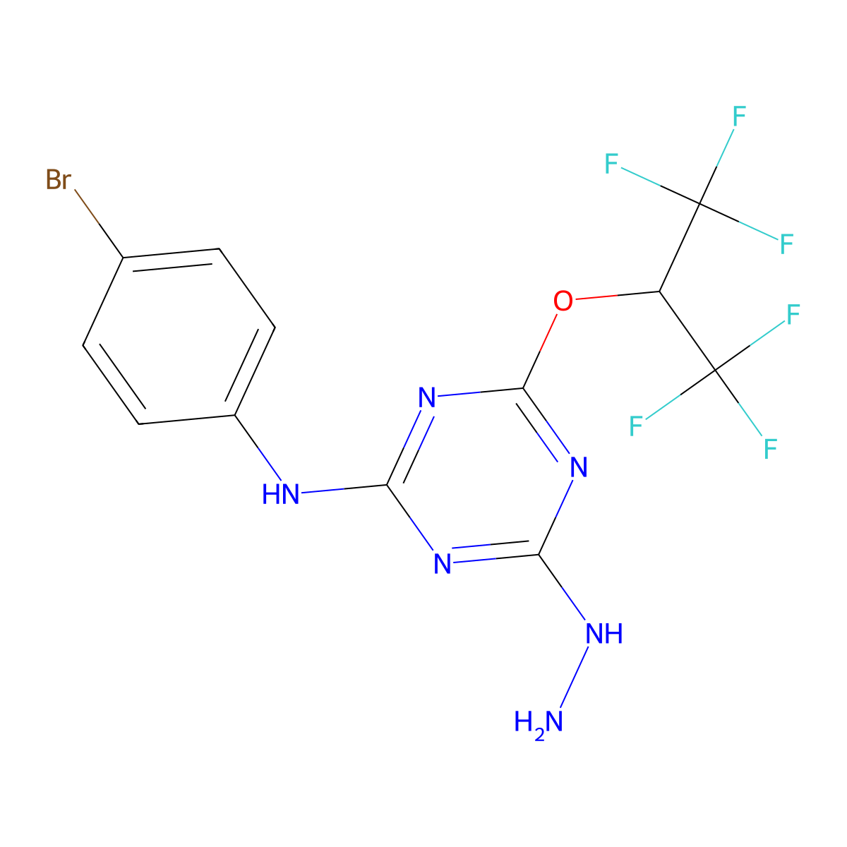 N-(4-bromophenyl)-4-[(1,1,1,3,3,3-hexafluoropropan-2-yl)oxy]-6-hydrazinyl-1,3,5-triazin-2-amine molecular structure, CAS 351343-03-8
