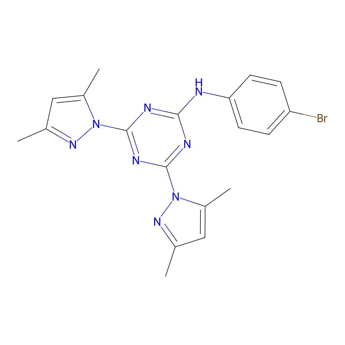 N-(4-bromophenyl)-4,6-bis(3,5-dimethylpyrazol-1-yl)-1,3,5-triazin-2-amine molecular structure, CAS 351346-21-9
