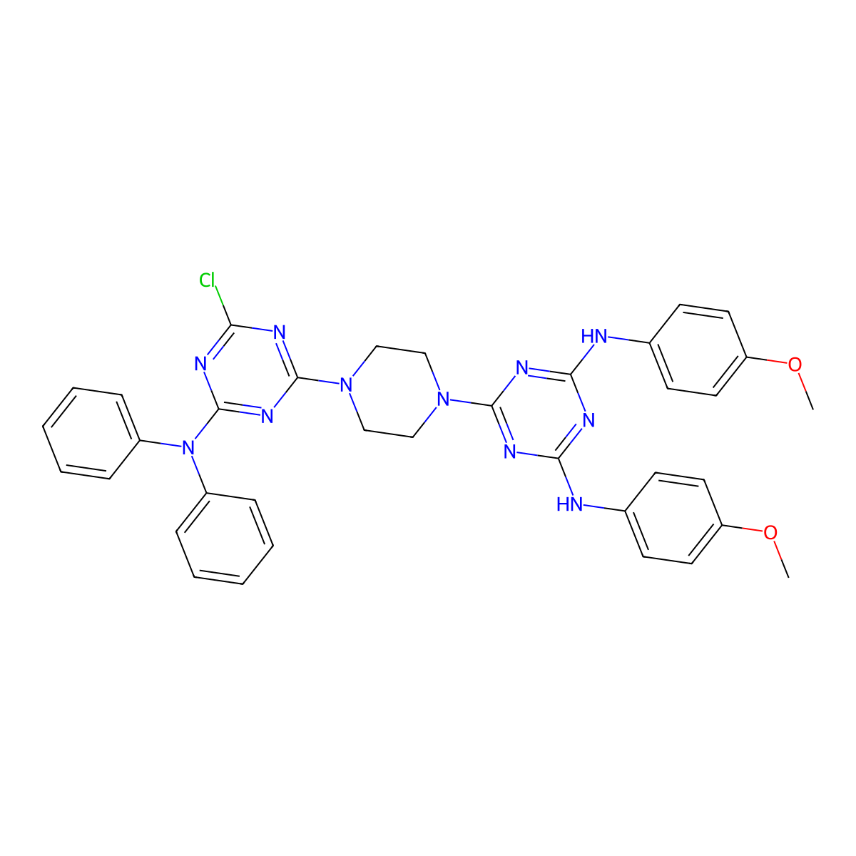 6-(4-(4-chloro-6-(diphenylamino)-1,3,5-triazin-2-yl)piperazin-1-yl)-N2,N4-bis(4-methoxyphenyl)-1,3,5-triazine-2,4-diamine molecular structure, CAS 351346-47-9