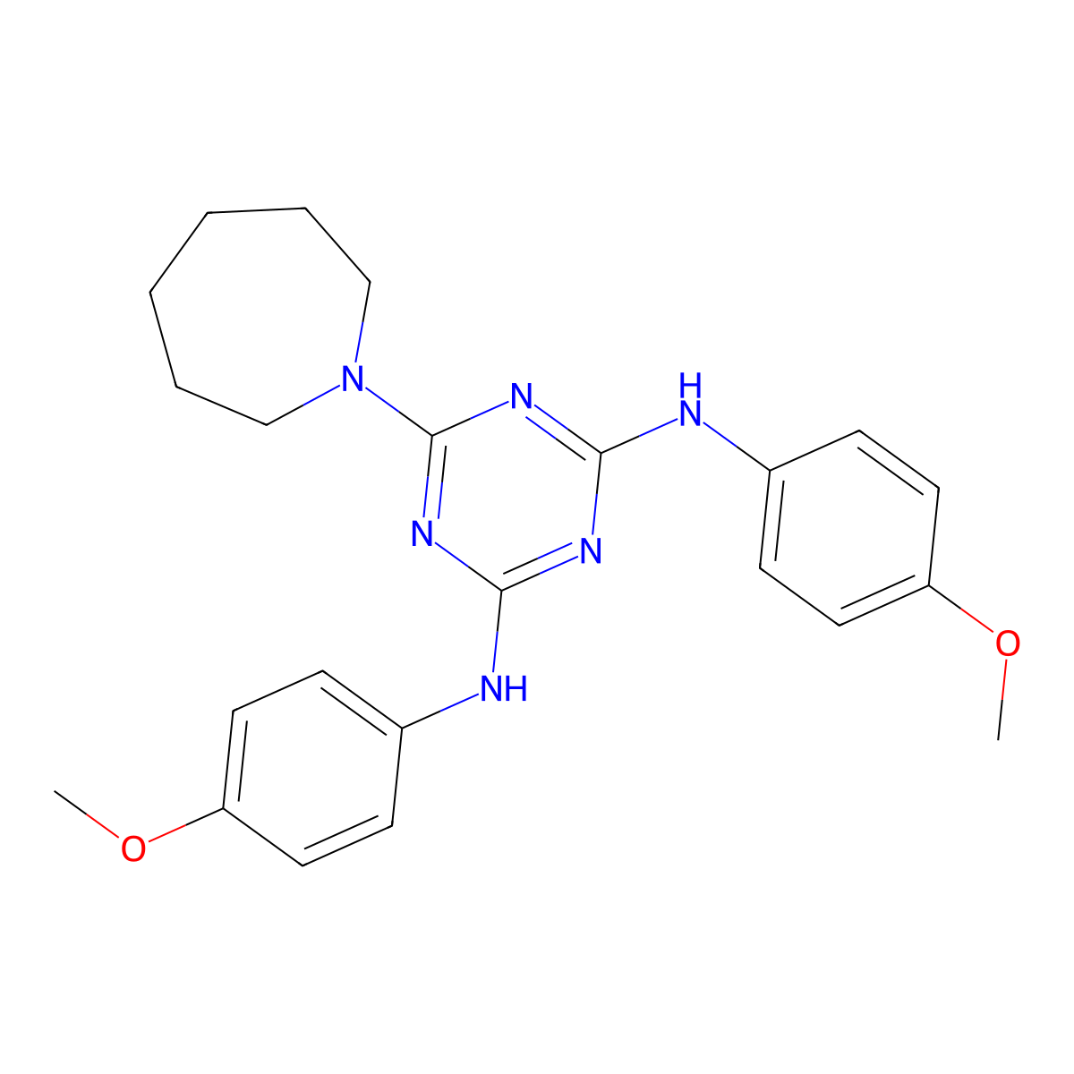 6-(azepan-1-yl)-N,N'-bis(4-methoxyphenyl)-1,3,5-triazine-2,4-diamine molecular structure, CAS 351346-48-0