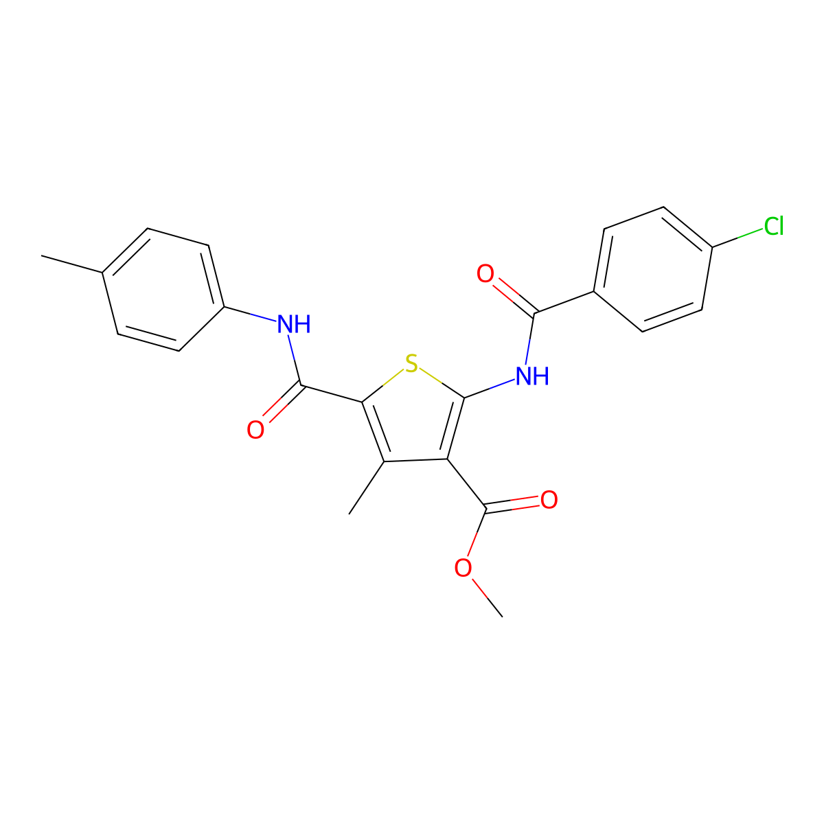 Methyl 2-(4-chlorobenzamido)-4-methyl-5-(p-tolylcarbamoyl)thiophene-3-carboxylate molecular structure, CAS 351352-57-3