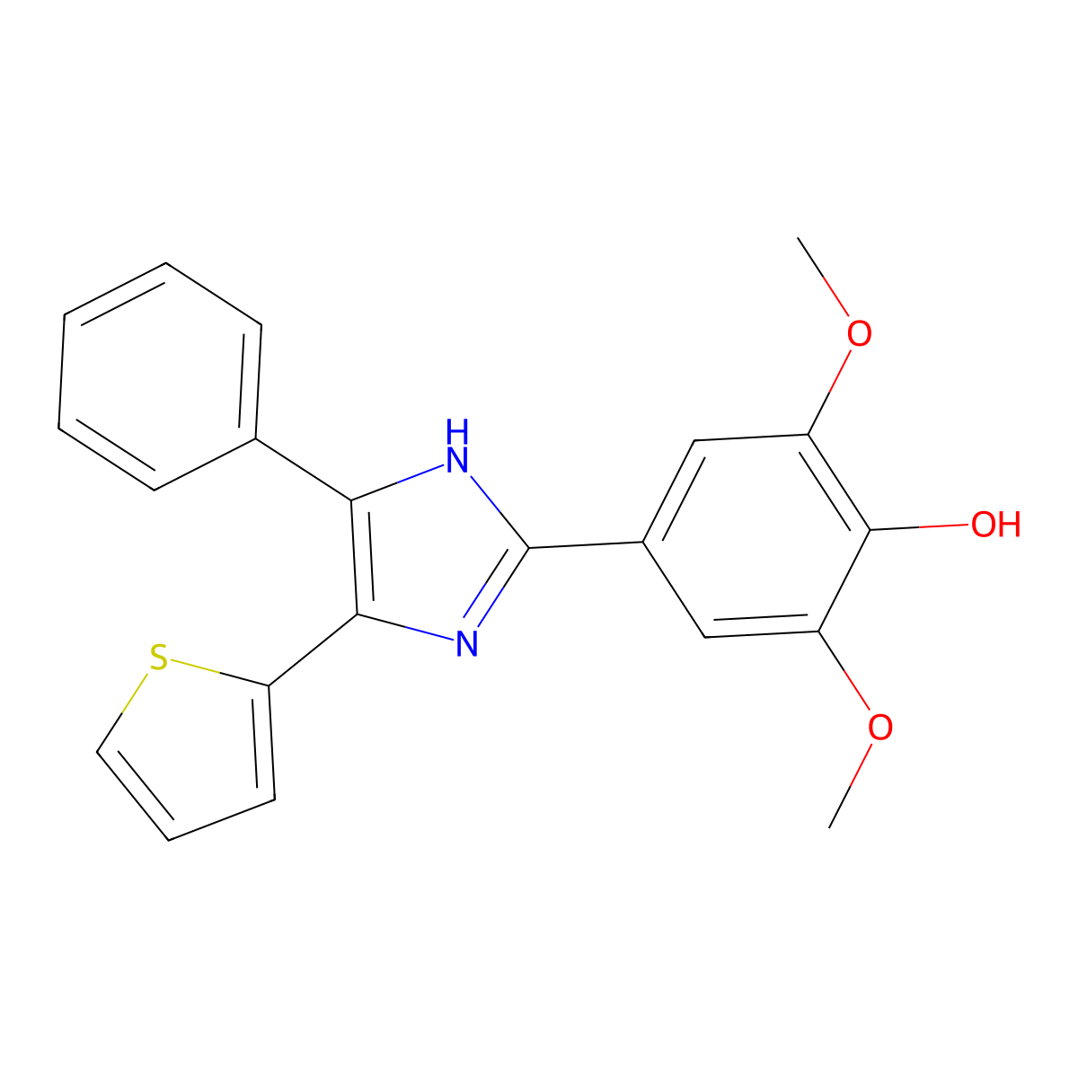 2,6-dimethoxy-4-(5-phenyl-4-(thiophen-2-yl)-1H-imidazol-2-yl)phenol molecular structure, CAS 351353-48-5