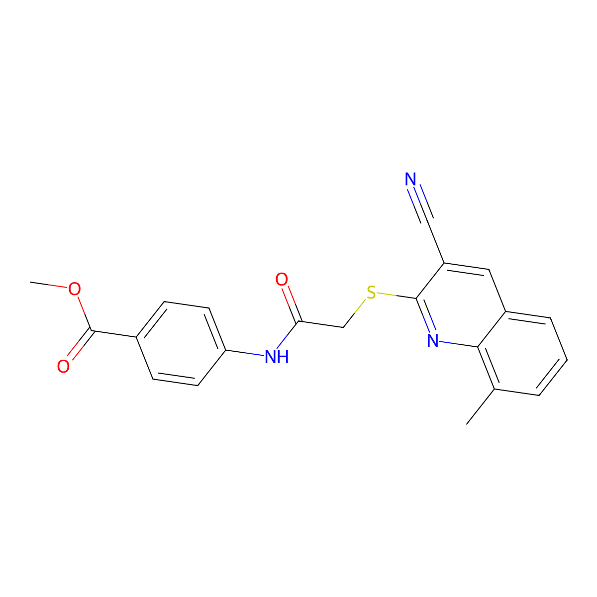 Methyl 4-[2-(3-cyano-8-methyl-2-quinolylthio)acetylamino]benzoate molecular structure, CAS 351360-62-8