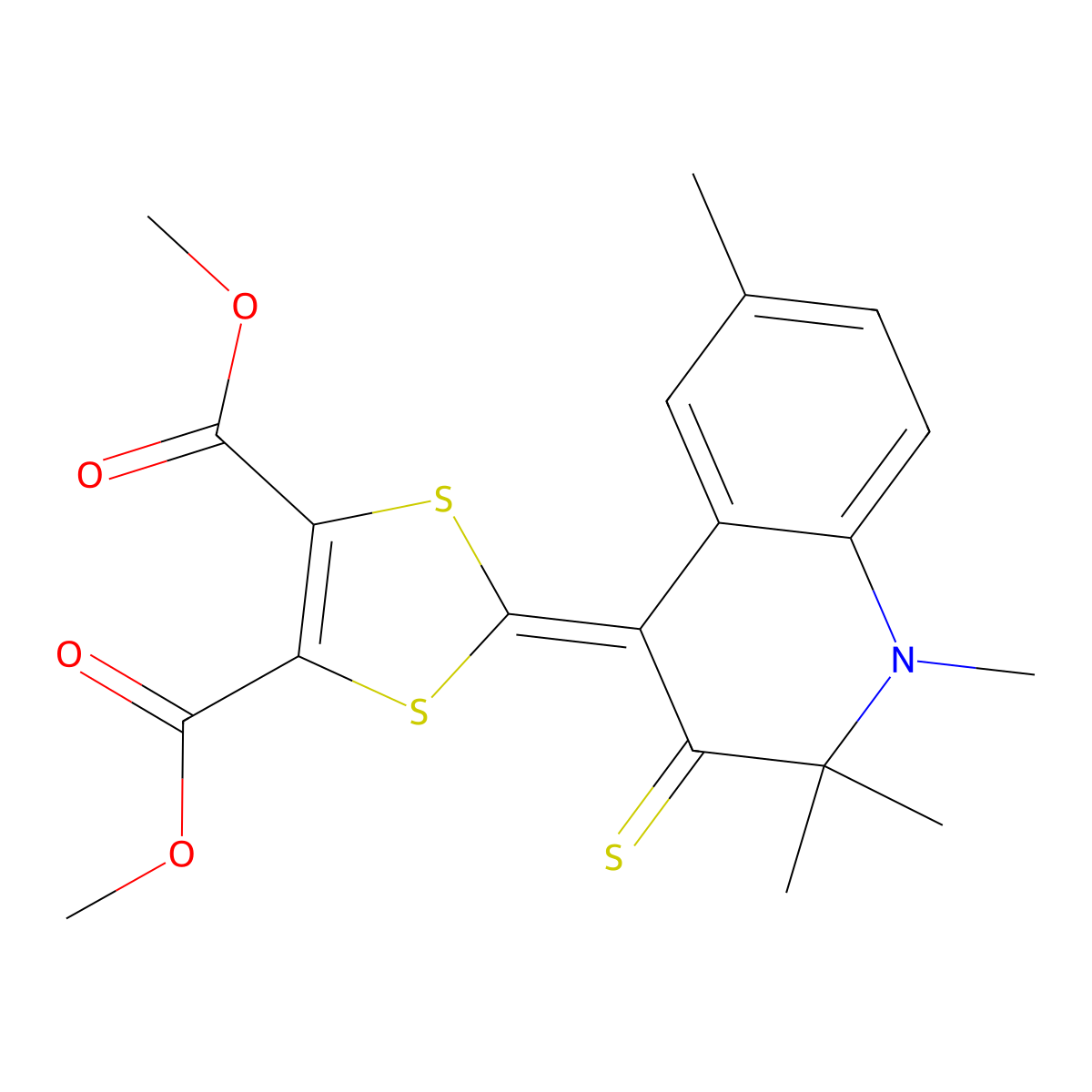 dimethyl 2-(1,2,2,6-tetramethyl-3-thioxo-2,3-dihydro-4(1H)-quinolinylidene)-1,3-dithiole-4,5-dicarboxylate molecular structure, CAS 351370-87-1