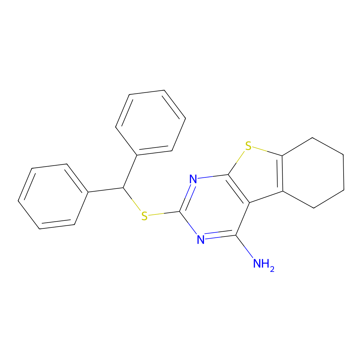 2-Benzhydrylsulfanyl-5,6,7,8-tetrahydro-[1]benzothiolo[2,3-d]pyrimidin-4-amine molecular structure, CAS 351385-40-5