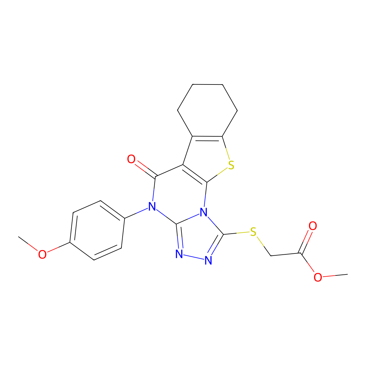Methyl 2-((4-(4-methoxyphenyl)-5-oxo-4,5,6,7,8,9-hexahydrobenzo[4,5]thieno[3,2-e][1,2,4]triazolo[4,3-a]pyrimidin-1-yl)thio)acetate molecular structure, CAS 351385-44-9
