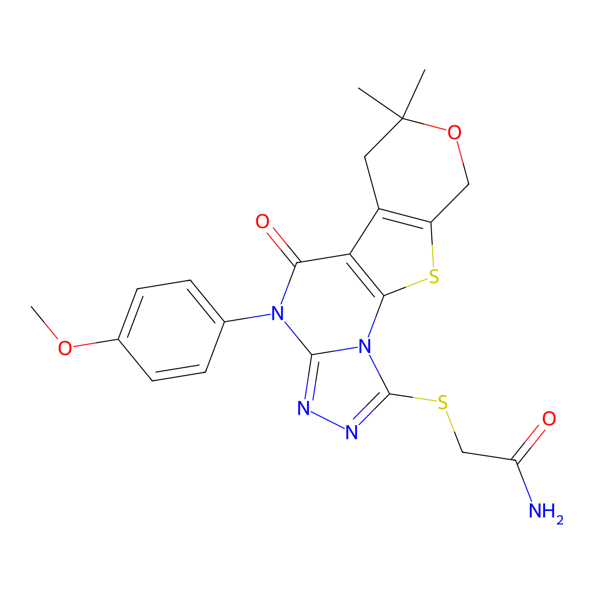 2-((4-(4-methoxyphenyl)-7,7-dimethyl-5-oxo-5,6,7,9-tetrahydro-4H-pyrano[4',3':4,5]thieno[3,2-e][1,2,4]triazolo[4,3-a]pyrimidin-1-yl)thio)acetamide molecular structure, CAS 351385-64-3