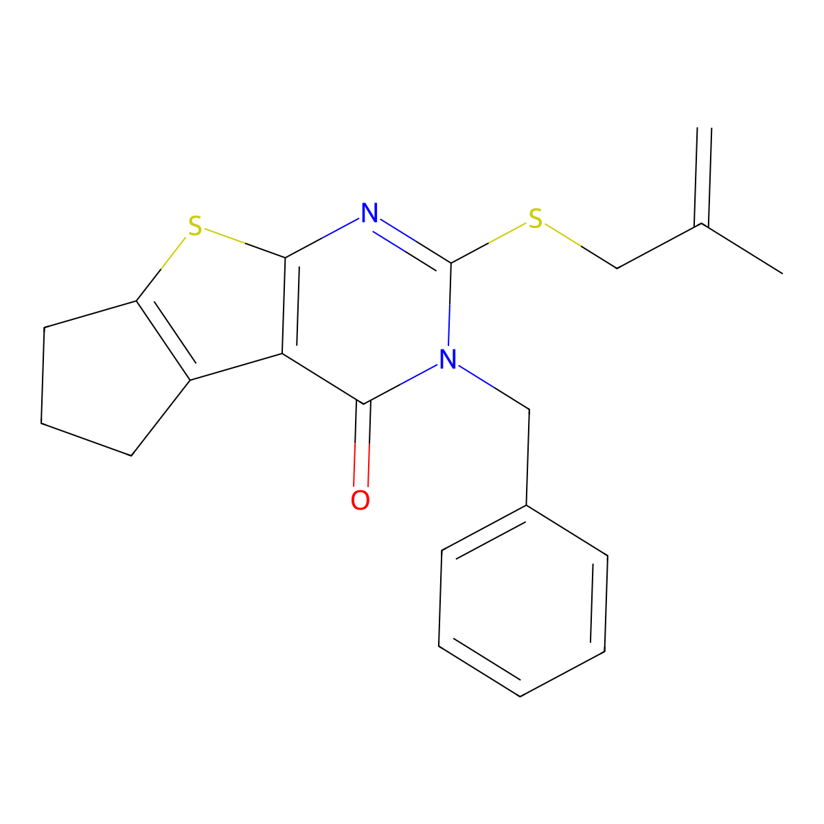 2-benzyl-3-(2-methylprop-2-enylsulfanyl)-7,8-dihydro-6H-cyclopenta[2,3]thieno[2,4-b]pyrimidin-1-one molecular structure, CAS 351417-39-5