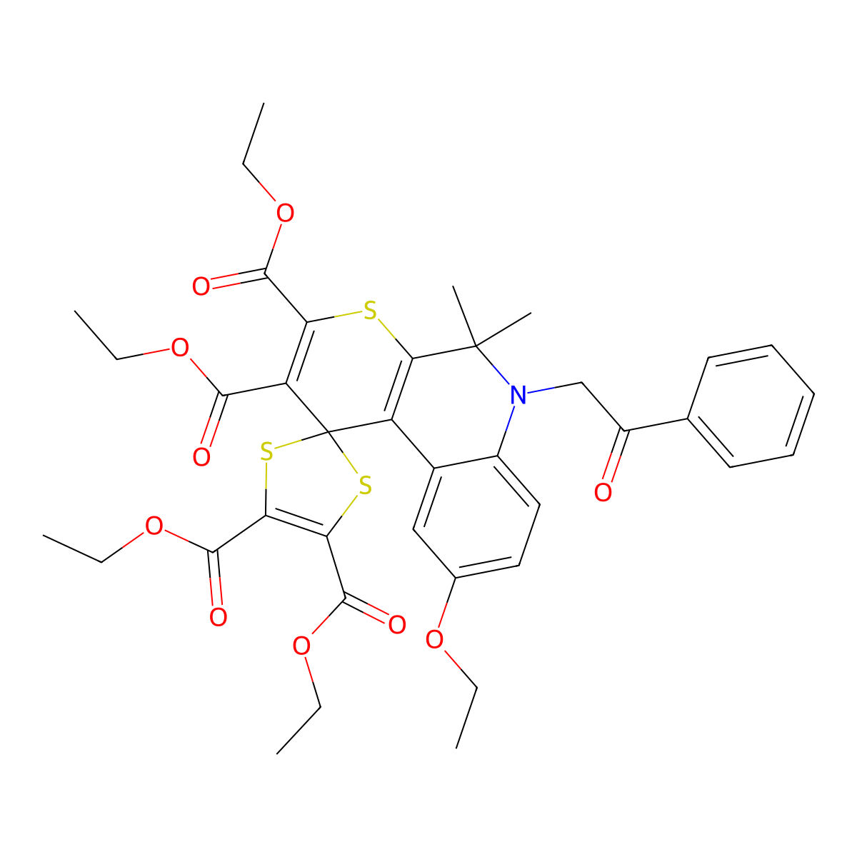 Tetraethyl 9'-ethoxy-5',5'-dimethyl-6'-(2-oxo-2-phenylethyl)-5',6'-dihydrospiro[1,3-dithiole-2,1'-thiopyrano[2,3-c]quinoline]-2',3',4,5-tetracarboxylate molecular structure, CAS 351423-84-2
