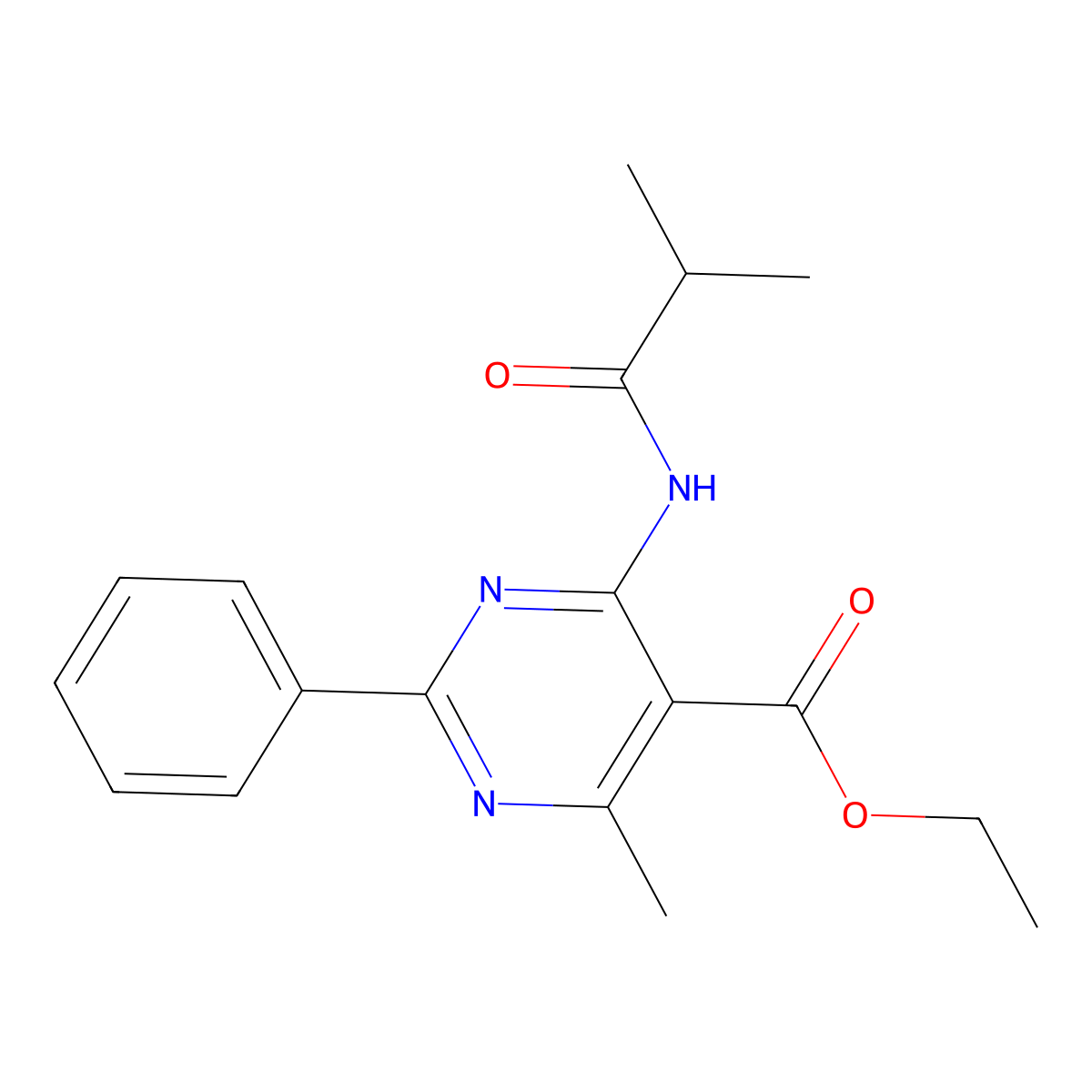 Ethyl 4-(isobutyrylamino)-6-methyl-2-phenyl-5-pyrimidinecarboxylate molecular structure, CAS 351437-24-6