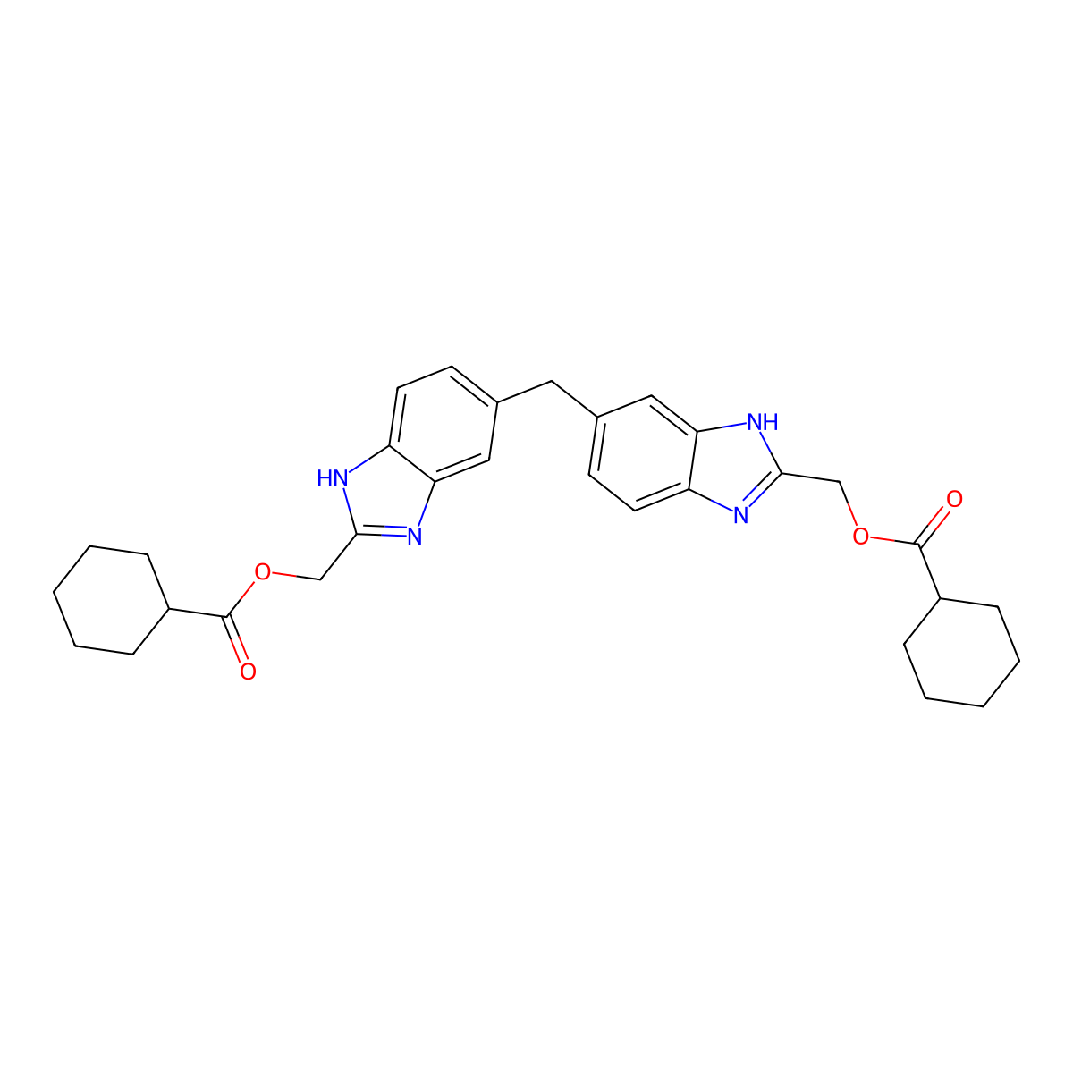 [6-[[2-(cyclohexanecarbonyloxymethyl)-3H-benzimidazol-5-yl]methyl]-1H-benzimidazol-2-yl]methyl cyclohexanecarboxylate molecular structure, CAS 351437-99-5