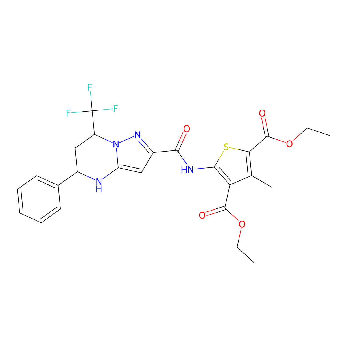 Diethyl 3-methyl-5-({[5-phenyl-7-(trifluoromethyl)-4,5,6,7-tetrahydropyrazolo[1,5-a]pyrimidin-2-yl]carbonyl}amino)-2,4-thiophenedicarboxylate molecular structure, CAS 351438-14-7