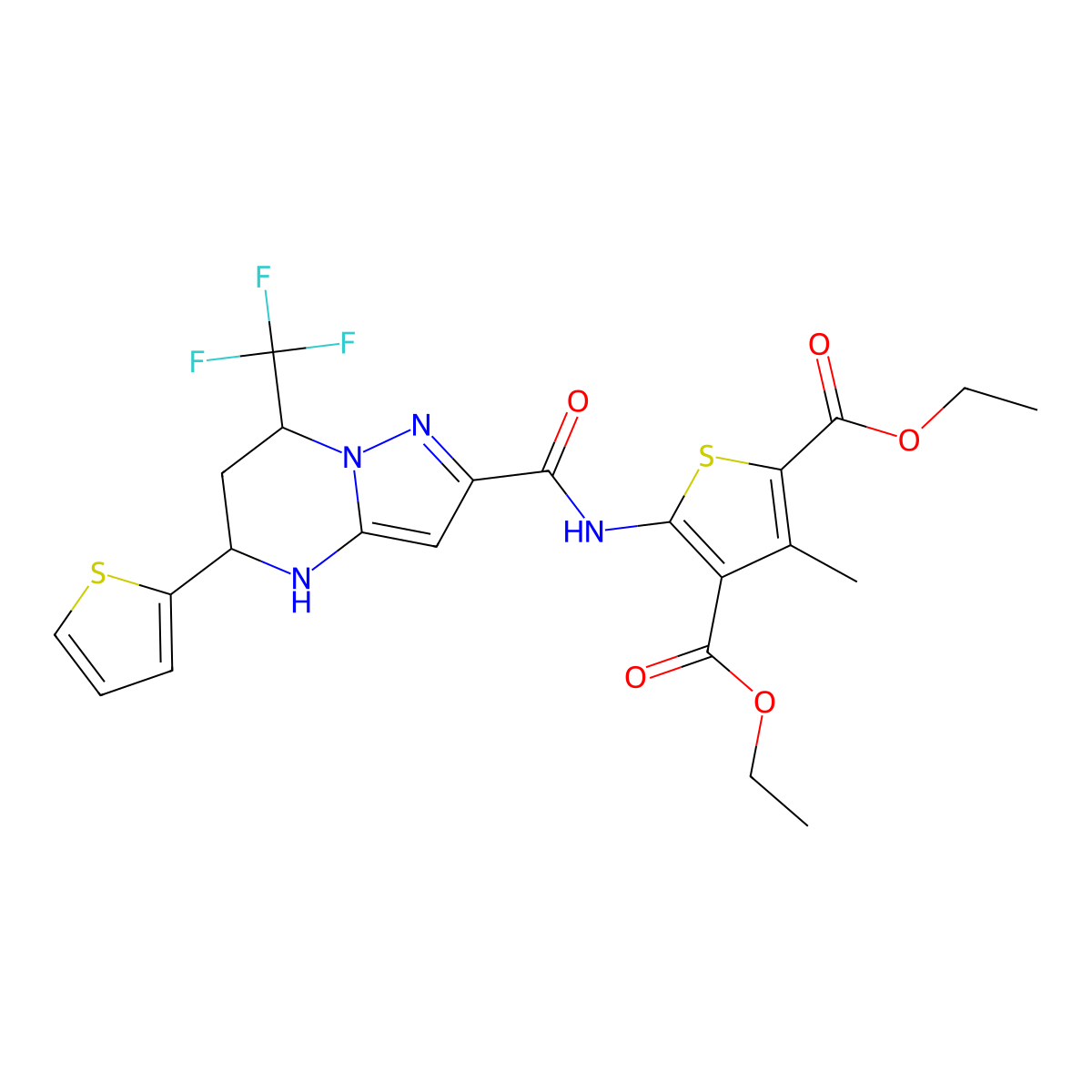 Diethyl 3-methyl-5-({[5-(2-thienyl)-7-(trifluoromethyl)-4,5,6,7-tetrahydropyrazolo[1,5-a]pyrimidin-2-yl]carbonyl}amino)-2,4-thiophenedicarboxylate molecular structure, CAS 351438-20-5