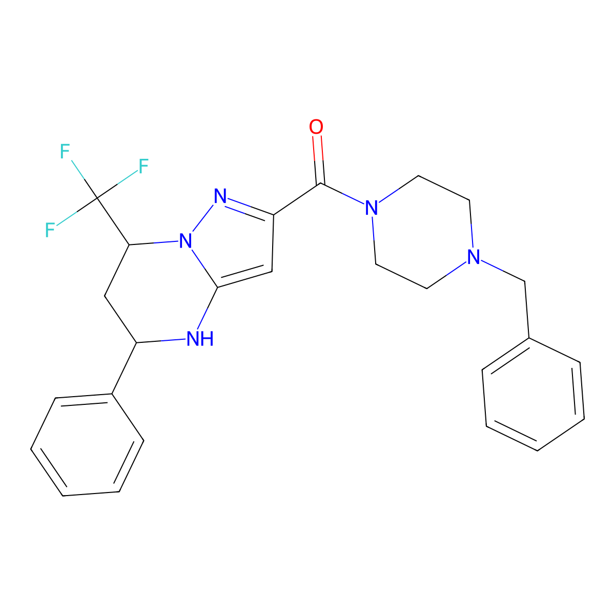 (4-Benzylpiperazin-1-yl)(5-phenyl-7-(trifluoromethyl)-4,5,6,7-tetrahydropyrazolo[1,5-a]pyrimidin-2-yl)methanone molecular structure, CAS 351438-27-2