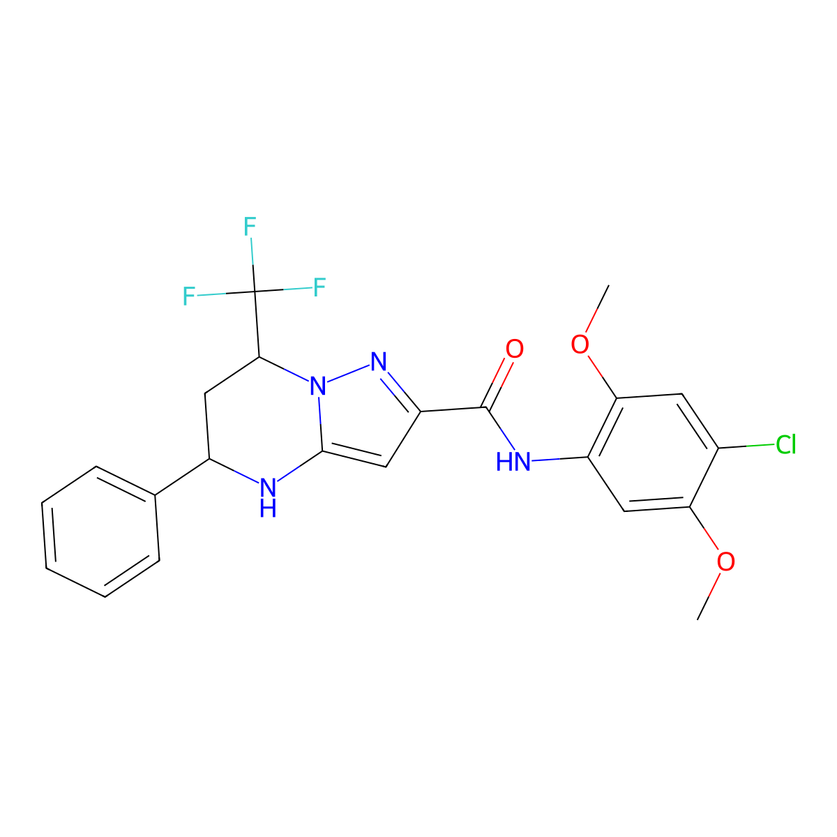 N-(4-chloro-2,5-dimethoxyphenyl)-5-phenyl-7-(trifluoromethyl)-4,5,6,7-tetrahydropyrazolo[1,5-a]pyrimidine-2-carboxamide molecular structure, CAS 351438-37-4