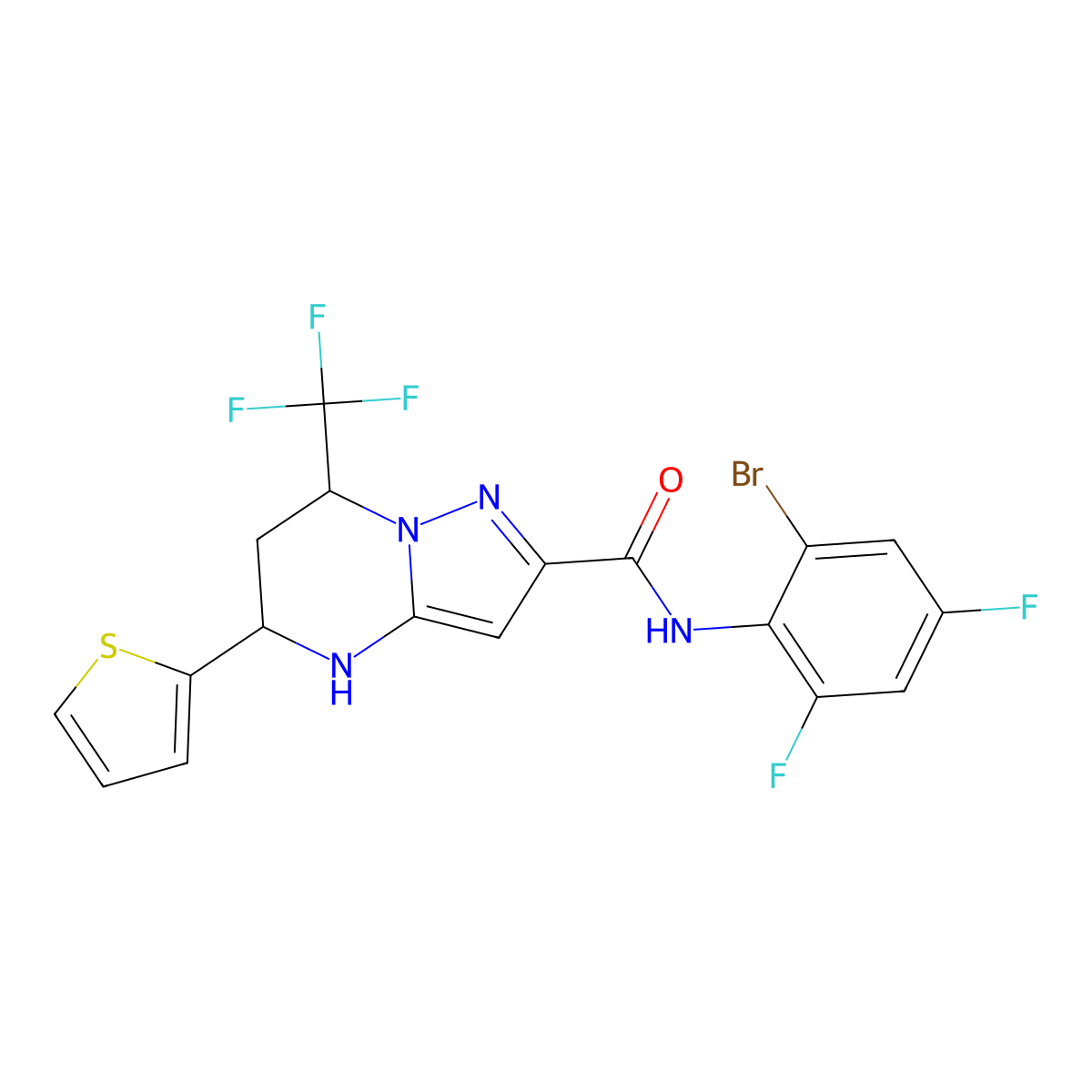 N-(2-bromo-4,6-difluorophenyl)-5-(thiophen-2-yl)-7-(trifluoromethyl)-4,5,6,7-tetrahydropyrazolo[1,5-a]pyrimidine-2-carboxamide molecular structure, CAS 351438-48-7