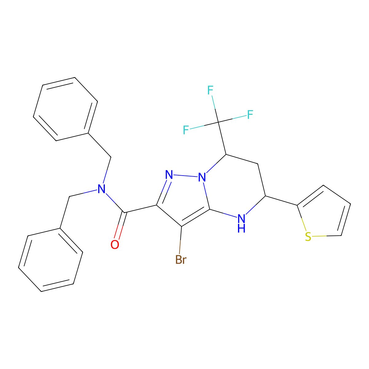N,N-dibenzyl-3-bromo-5-(2-thienyl)-7-(trifluoromethyl)-4,5,6,7-tetrahydropyrazolo[1,5-a]pyrimidine-2-carboxamide molecular structure, CAS 351438-52-3