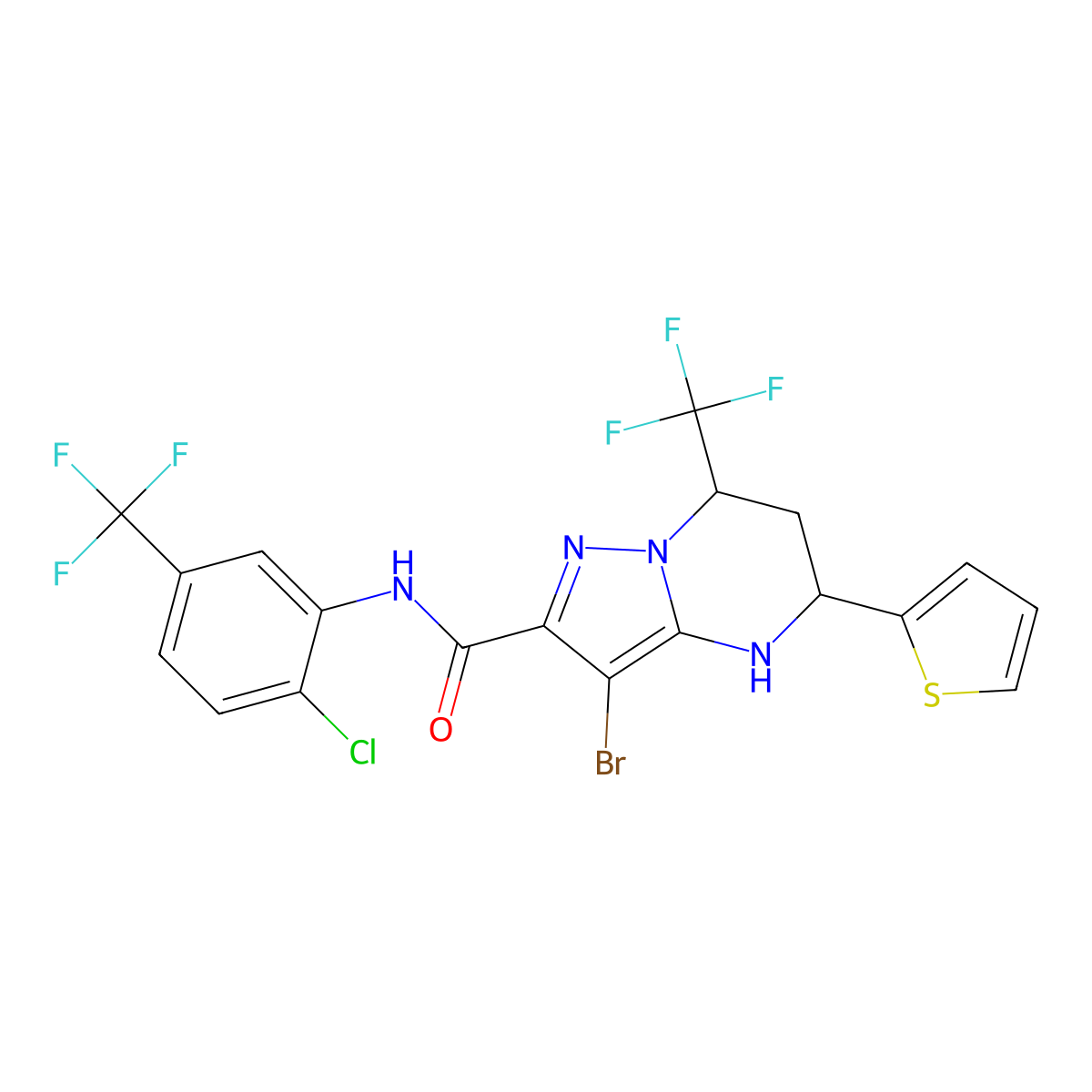 3-bromo-N-(2-chloro-5-(trifluoromethyl)phenyl)-5-(thiophen-2-yl)-7-(trifluoromethyl)-4,5,6,7-tetrahydropyrazolo[1,5-a]pyrimidine-2-carboxamide molecular structure, CAS 351438-55-6