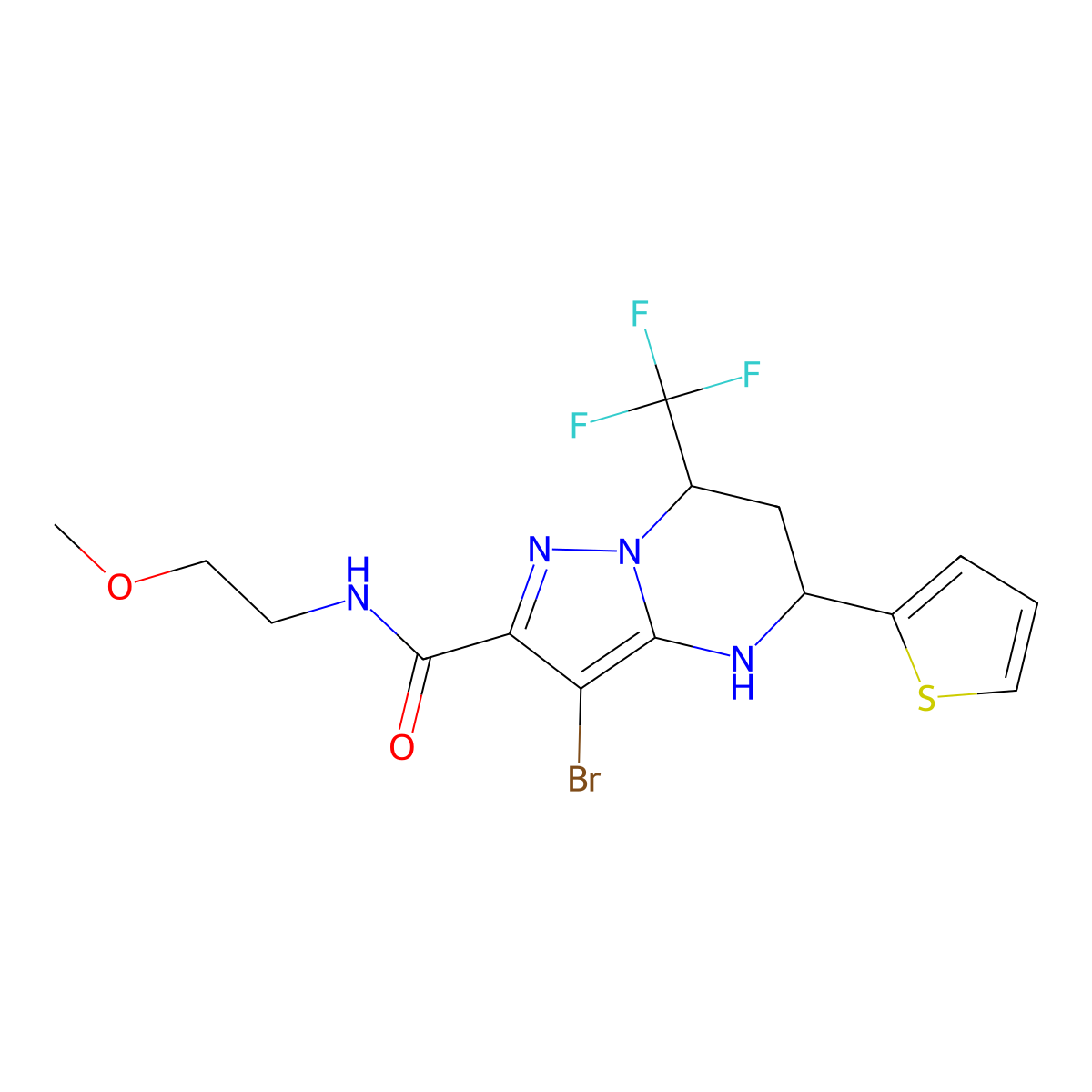 3-bromo-N-(2-methoxyethyl)-5-(thiophen-2-yl)-7-(trifluoromethyl)-4,5,6,7-tetrahydropyrazolo[1,5-a]pyrimidine-2-carboxamide molecular structure, CAS 351438-58-9