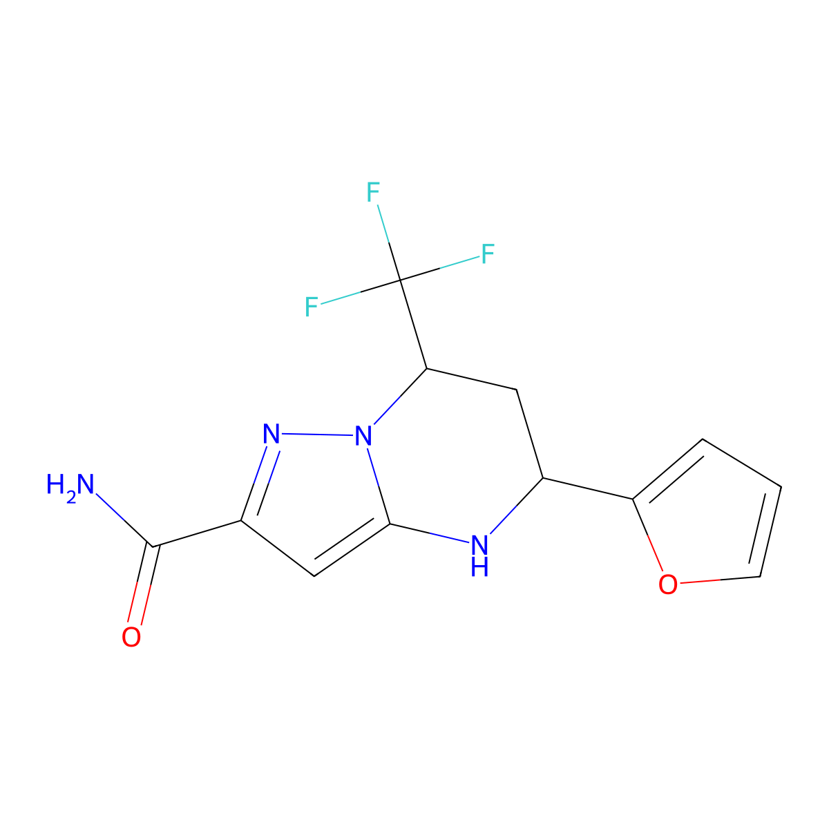 5-(Furan-2-yl)-7-(trifluoromethyl)-4,5,6,7-tetrahydropyrazolo[1,5-a]pyrimidine-2-carboxamide molecular structure, CAS 351438-65-8