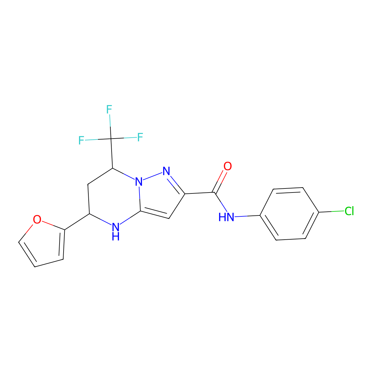 N-(4-chlorophenyl)-5-(furan-2-yl)-7-(trifluoromethyl)-4,5,6,7-tetrahydropyrazolo[1,5-a]pyrimidine-2-carboxamide molecular structure, CAS 351438-67-0