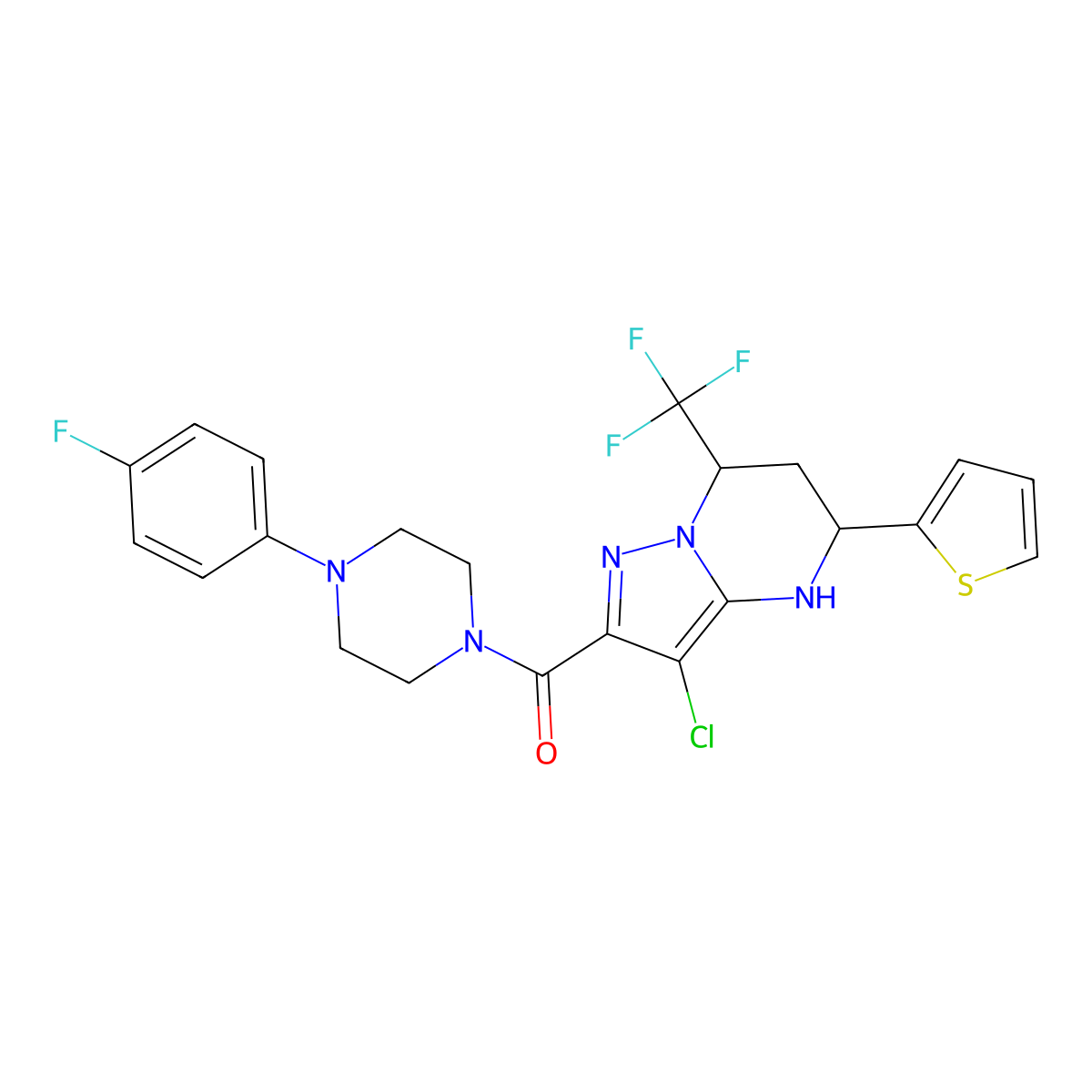 (3-Chloro-5-(thiophen-2-yl)-7-(trifluoromethyl)-4,5,6,7-tetrahydropyrazolo[1,5-a]pyrimidin-2-yl)(4-(4-fluorophenyl)piperazin-1-yl)methanone molecular structure, CAS 351438-71-6
