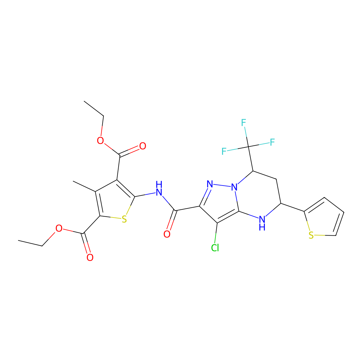 Diethyl 5-({[3-chloro-5-(thiophen-2-yl)-7-(trifluoromethyl)-4,5,6,7-tetrahydropyrazolo[1,5-a]pyrimidin-2-yl]carbonyl}amino)-3-methylthiophene-2,4-dicarboxylate molecular structure, CAS 351438-77-2