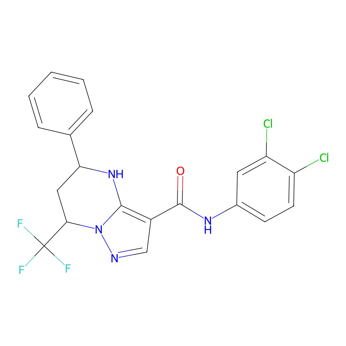 N-(3,4-dichlorophenyl)-5-phenyl-7-(trifluoromethyl)-4,5,6,7-tetrahydropyrazolo[1,5-a]pyrimidine-3-carboxamide molecular structure, CAS 351438-84-1